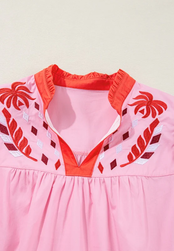 Embroidered Notched Short Sleeve Babydoll Blouse - Image 10