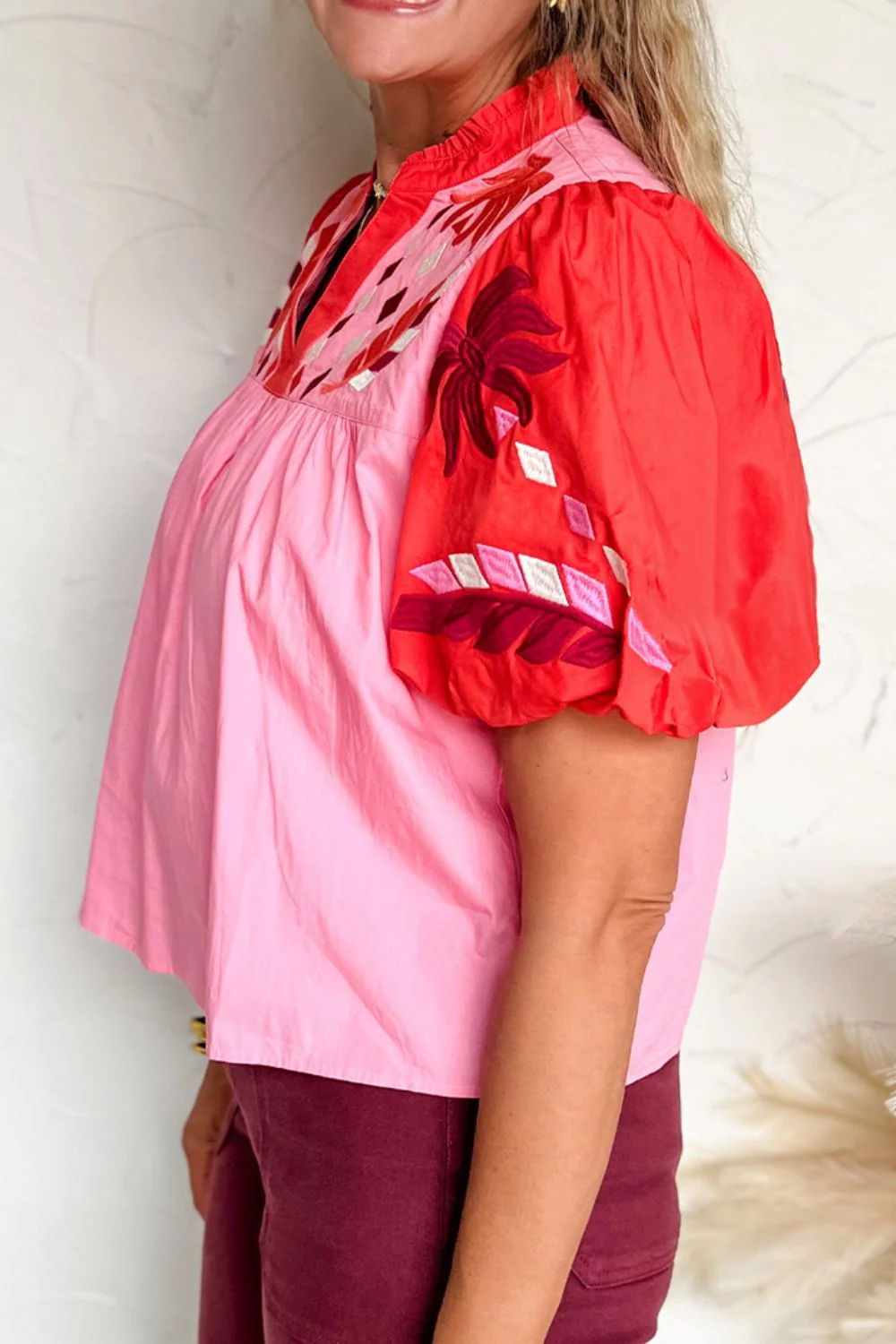 Embroidered Notched Short Sleeve Babydoll Blouse - Image 4