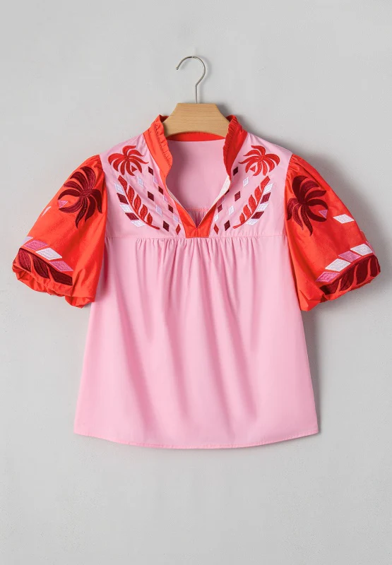 Embroidered Notched Short Sleeve Babydoll Blouse - Image 7