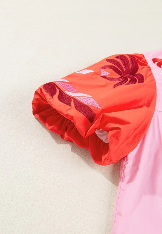 Embroidered Notched Short Sleeve Babydoll Blouse - Image 9