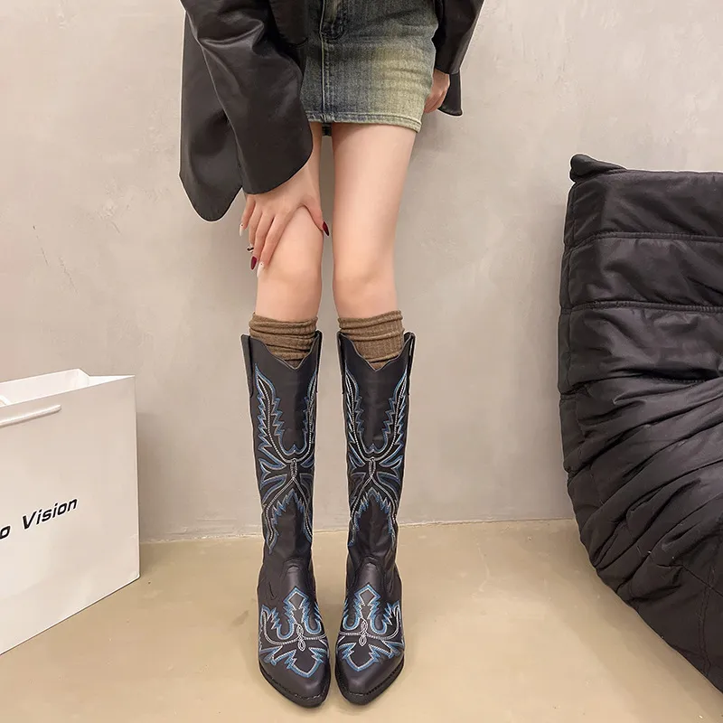 Embroidered Point Toe Block Heels Boots - Image 4