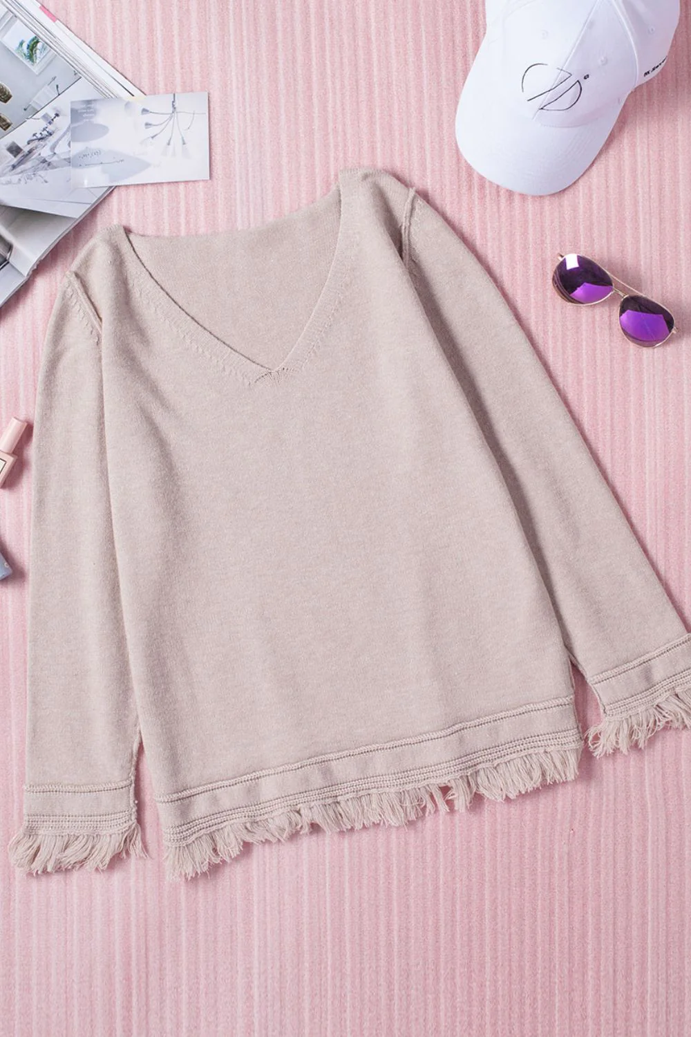 Exposed Seam Fringe Hem V-Neck Long Sleeve Sweater - Image 5