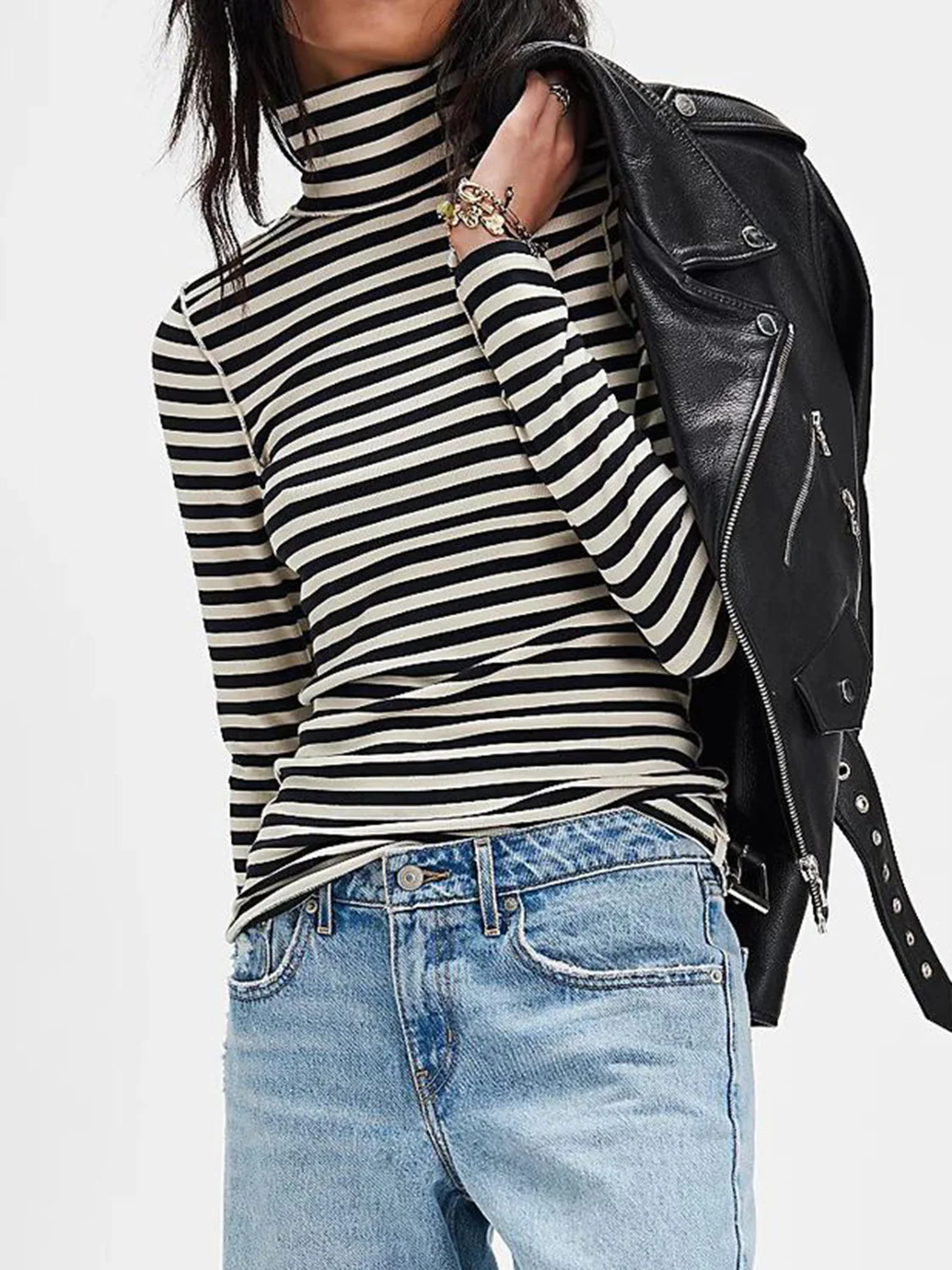 Exposed Seam Striped Turtleneck Long Sleeve T-Shirt - Image 3