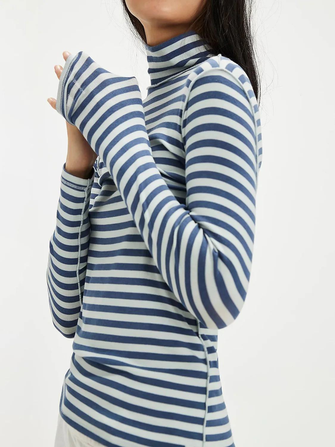 Exposed Seam Striped Turtleneck Long Sleeve T-Shirt - Image 8