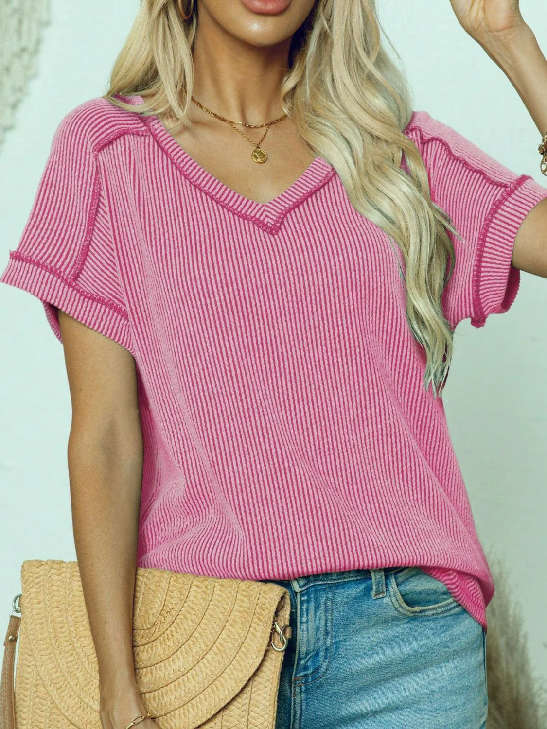 Exposed Seam V-Neck Short Sleeve Top - Image 5