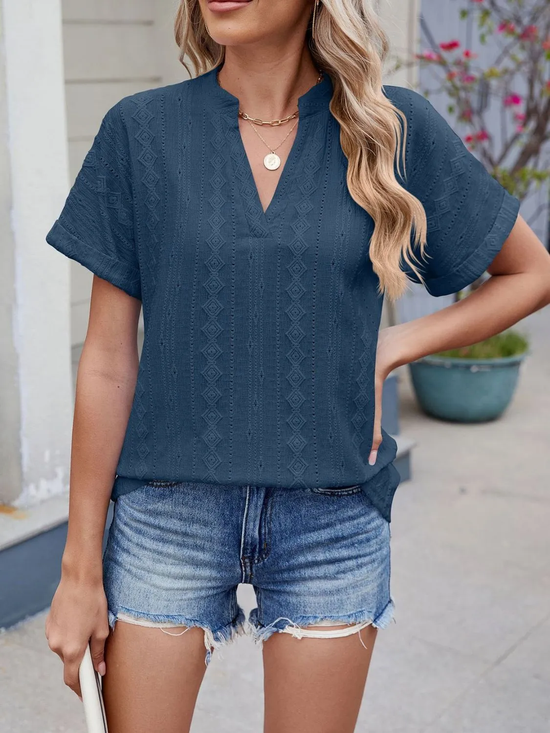 Eyelet Notched Short Sleeve Top - Image 27