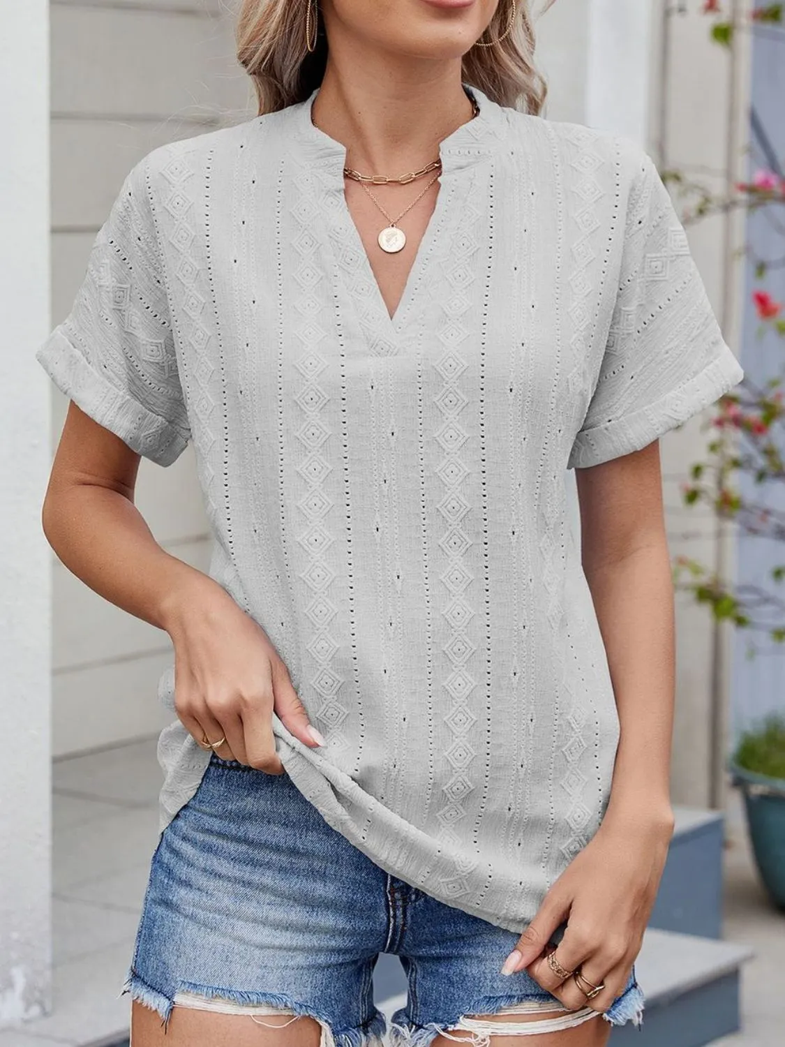 Eyelet Notched Short Sleeve Top - Image 32