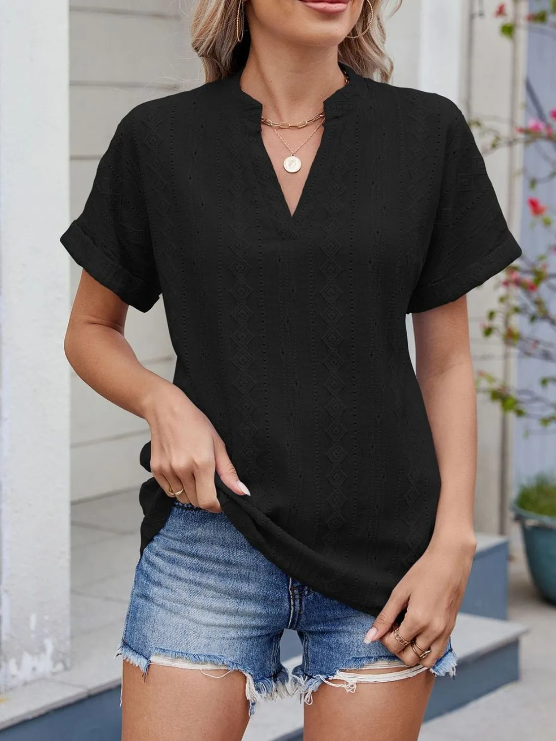 Eyelet Notched Short Sleeve Top - Image 9