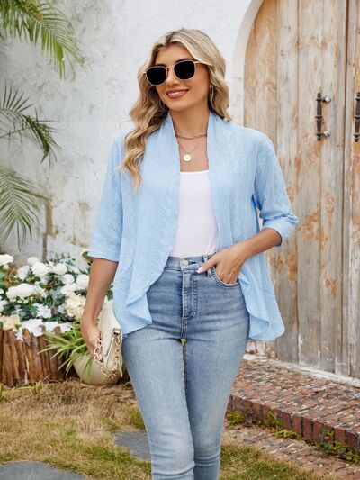 Eyelet Open Front Three-Quarter Sleeve Top