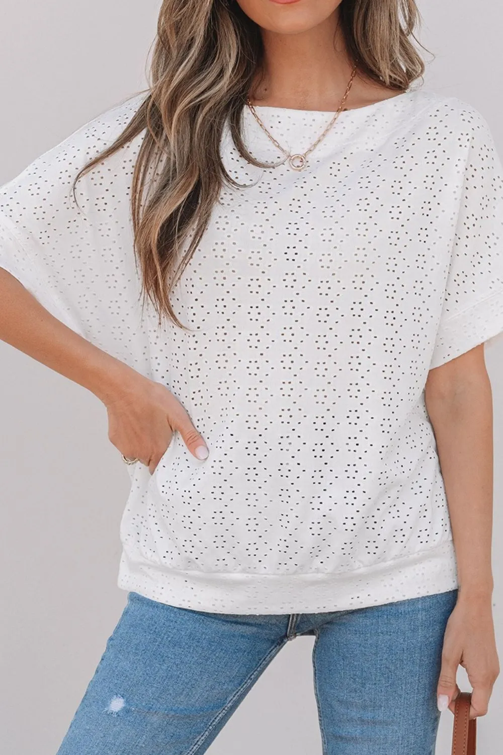 Eyelet Pattern Boat Neck Casual Tee - Image 3