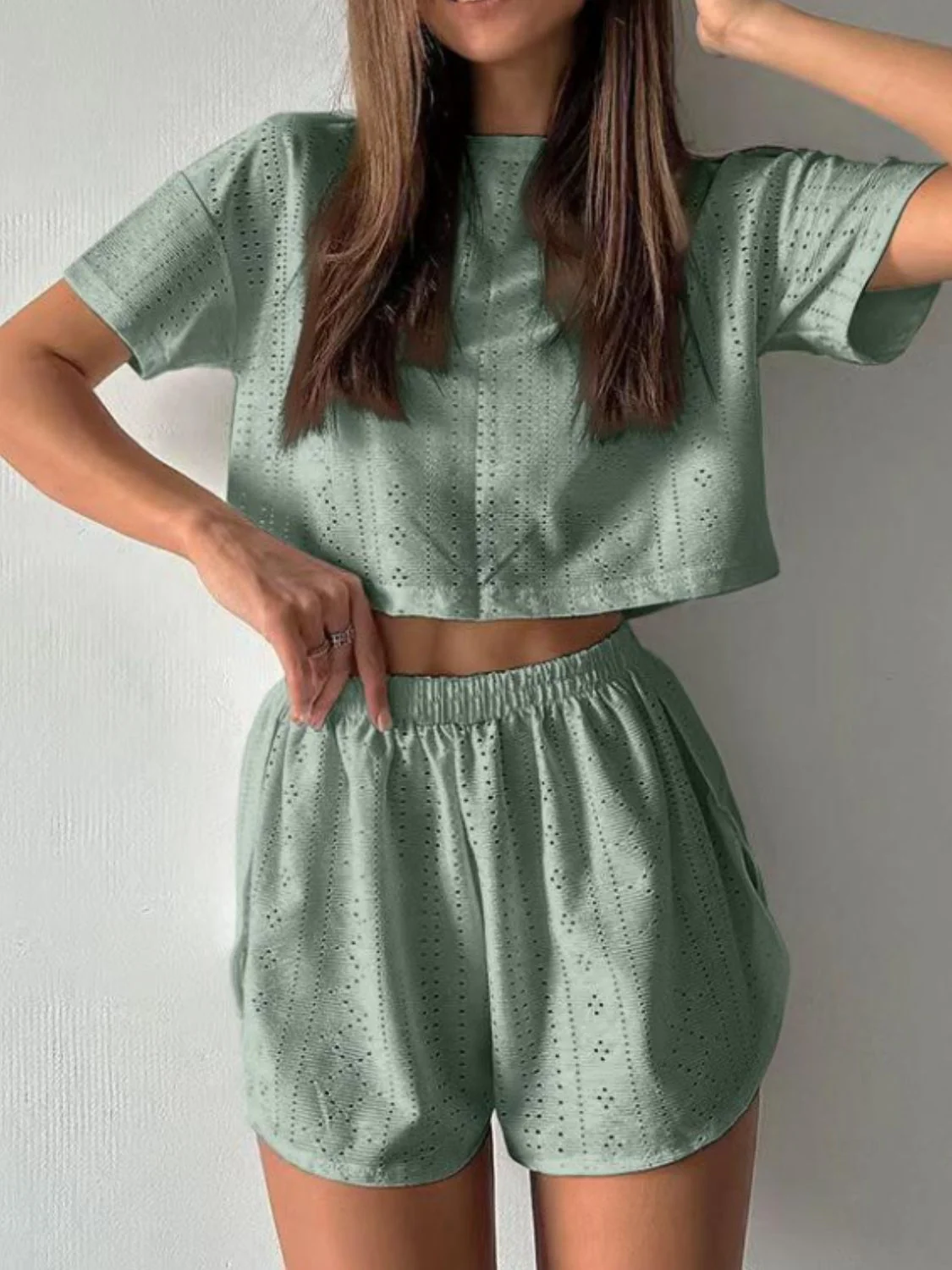 Eyelet Round Neck Top and Shorts Set - Image 11