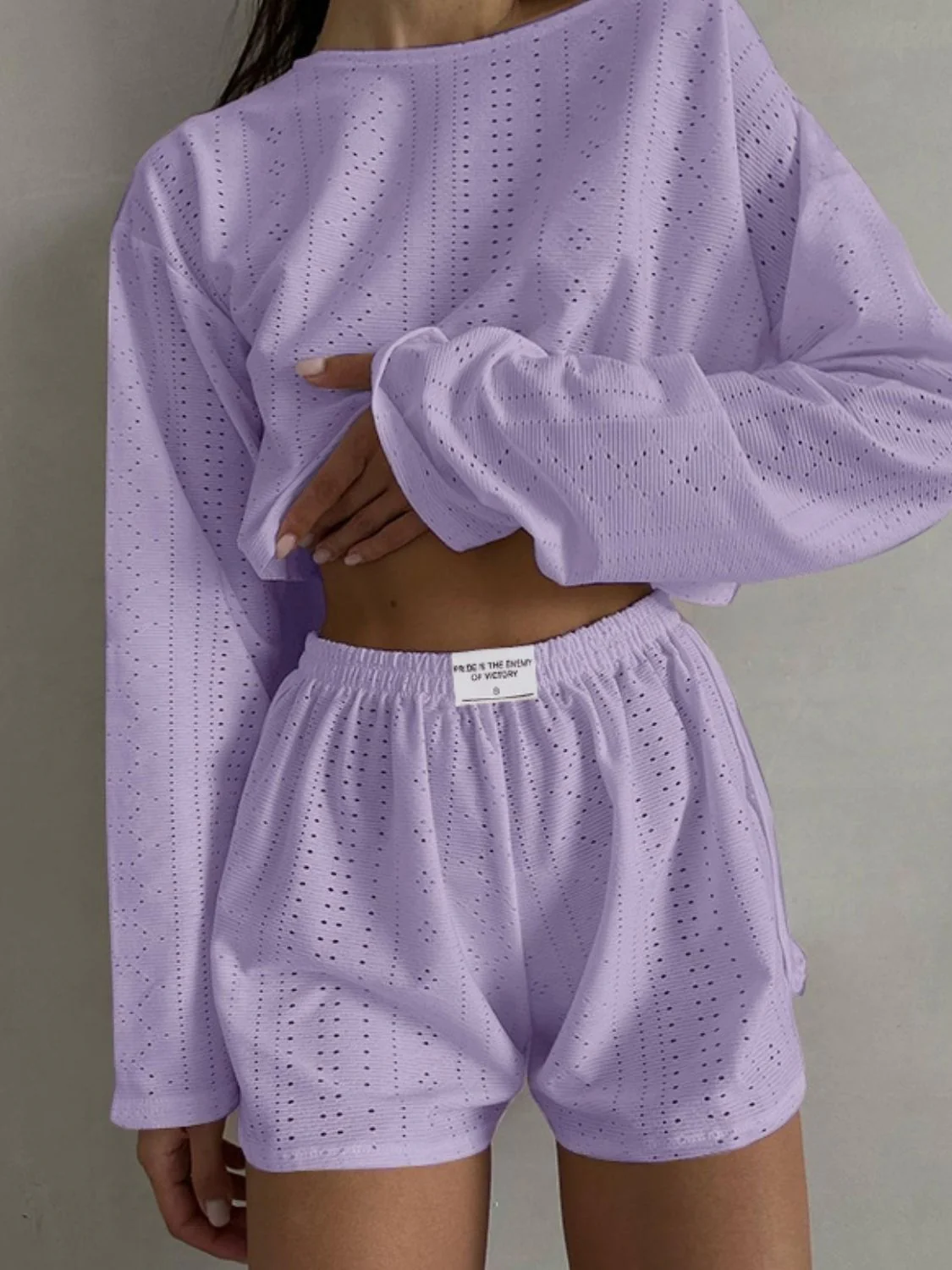 Eyelet Round Neck Top and Shorts Set - Image 10