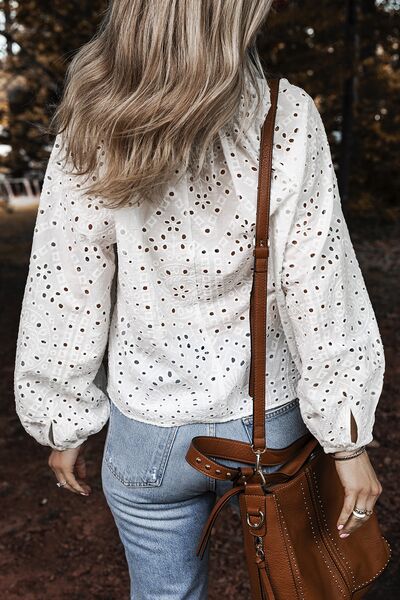 Eyelet V-Neck Long Sleeve Blouse - Image 5