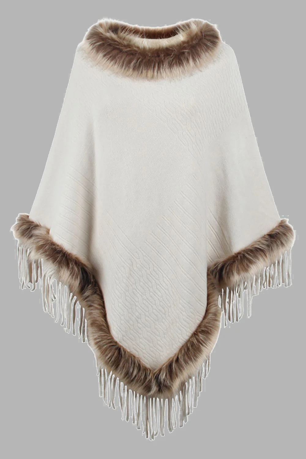 Faux Fur Trim Fringed Poncho - Image 13