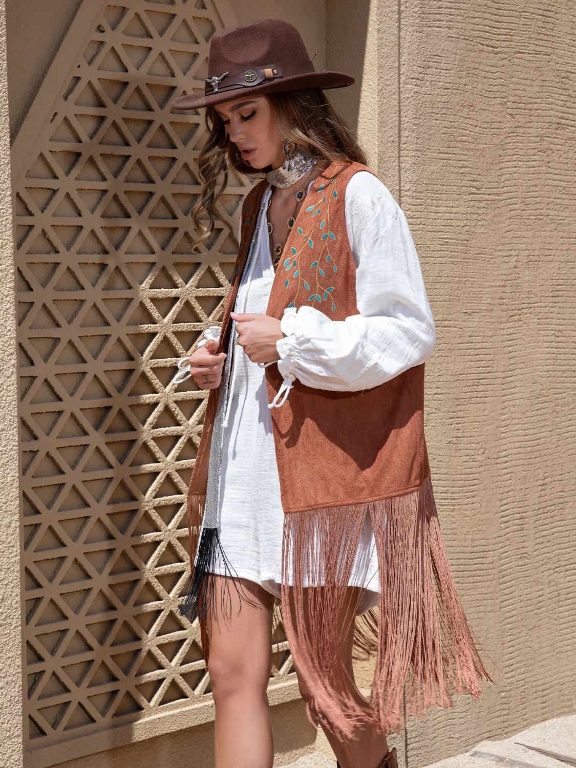 Faux Suede Fringe Hem Open Front Vest - Image 3