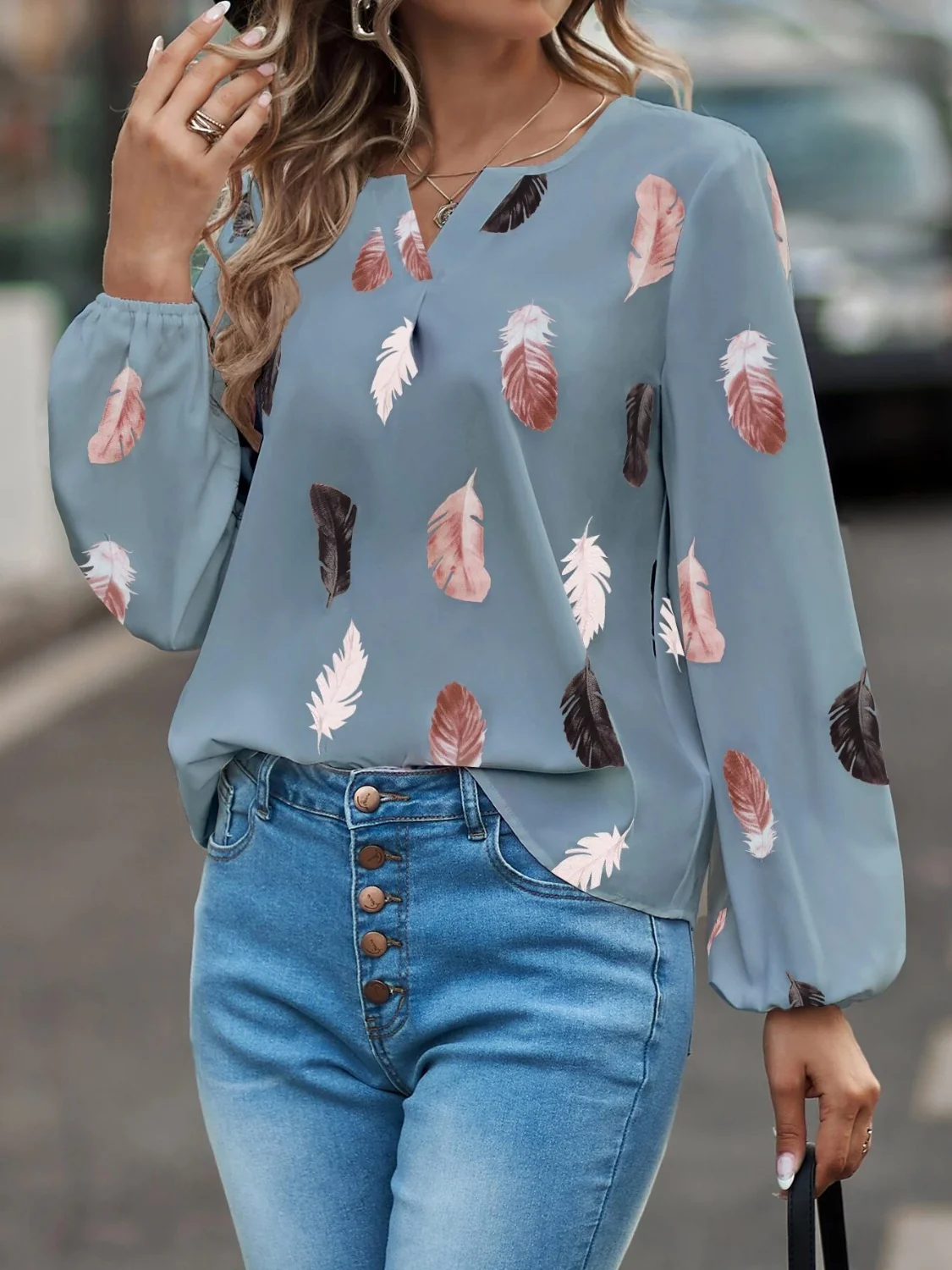 Feather Print Notched Balloon Sleeve Top - Image 18