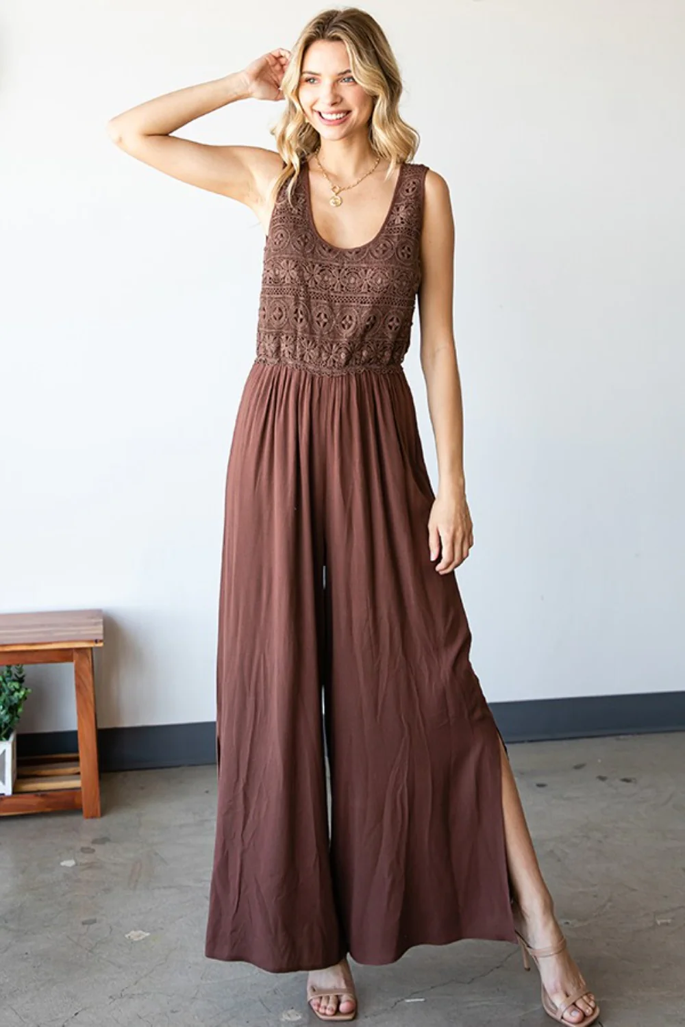 First Love Tie Back Sleeveless Slit Wide Leg Jumpsuit - Image 5