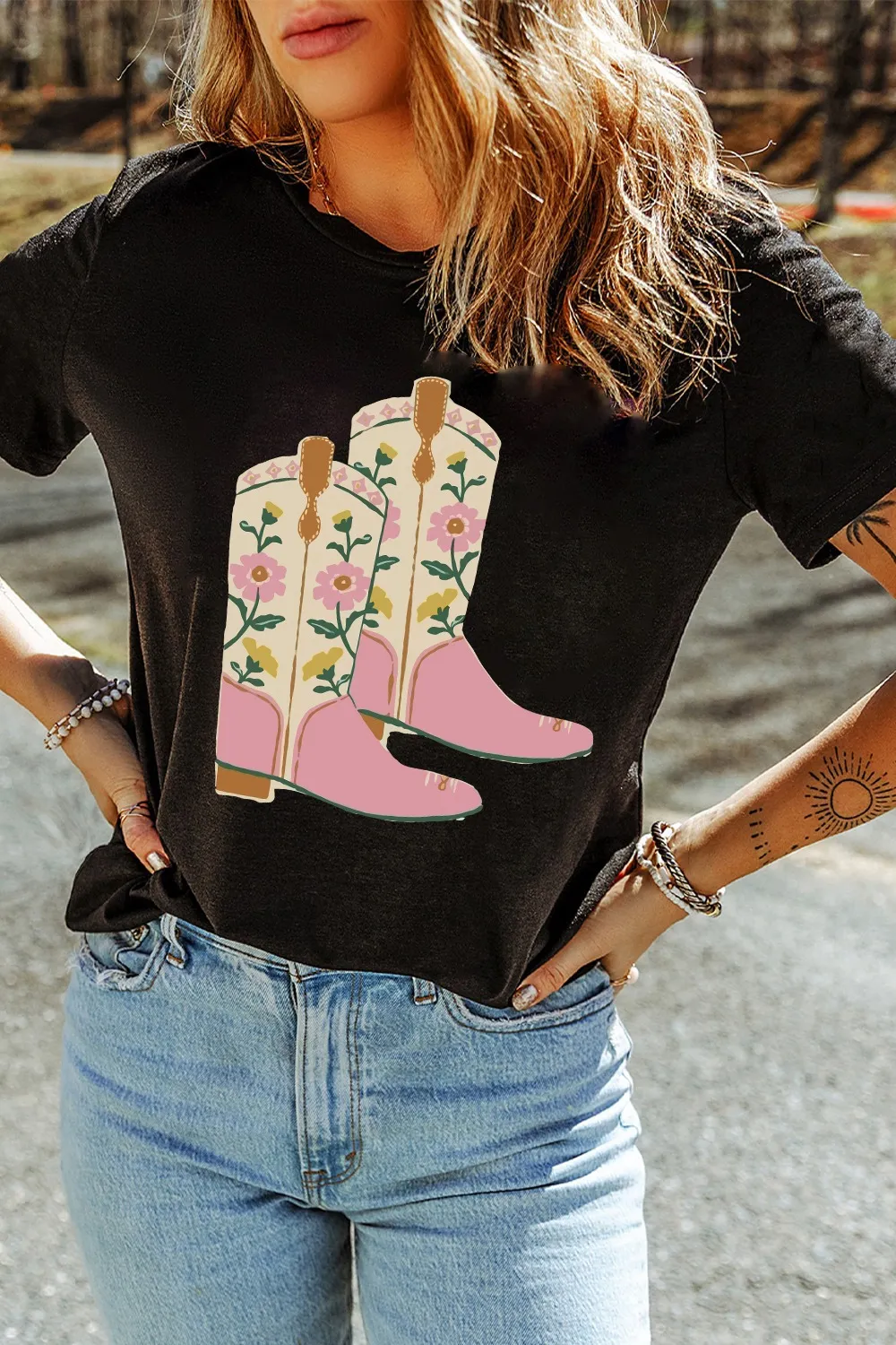 Floral Cowgirl Boots Graphic T-Shirt - Image 2