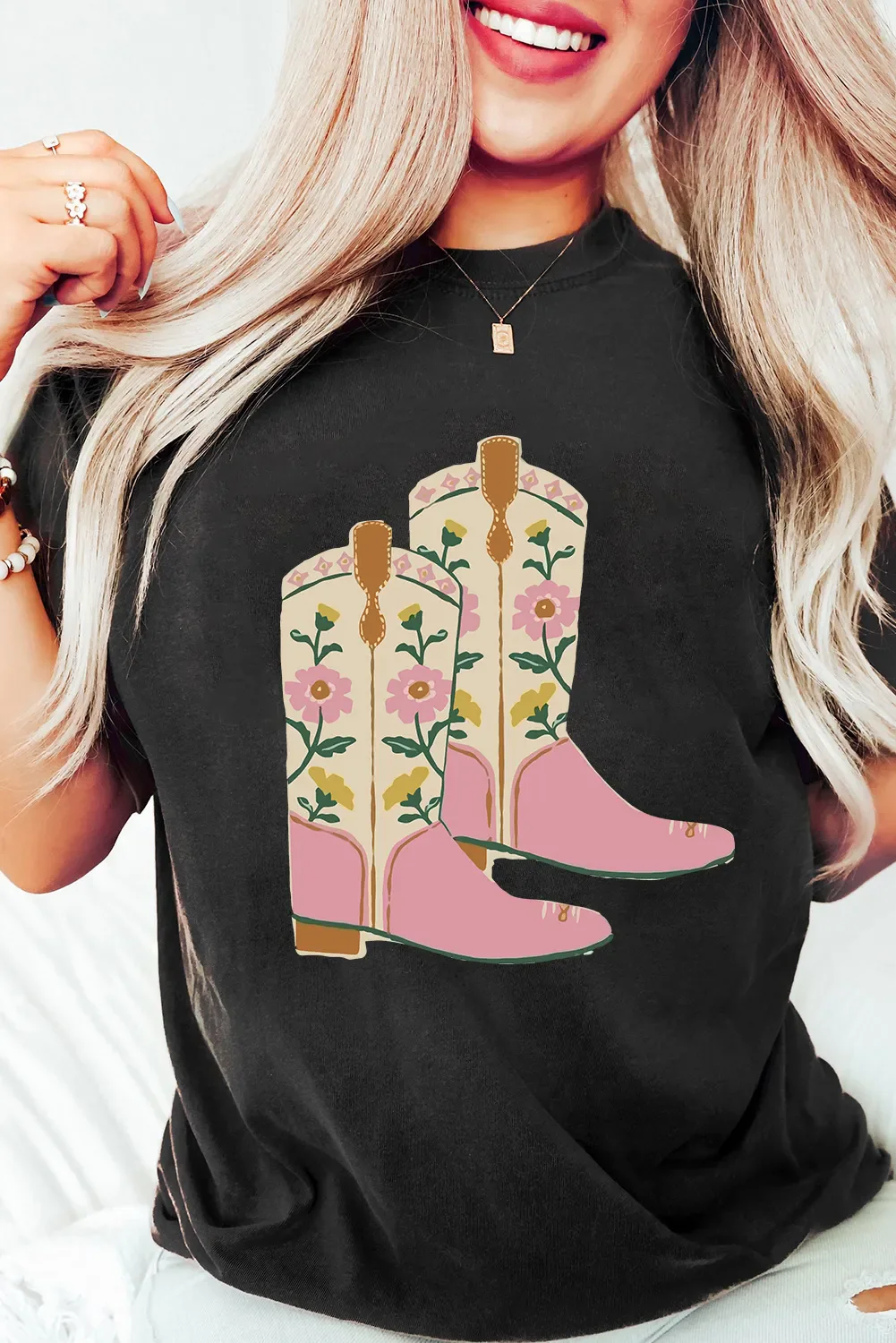 Floral Cowgirl Boots Graphic T-Shirt - Image 4