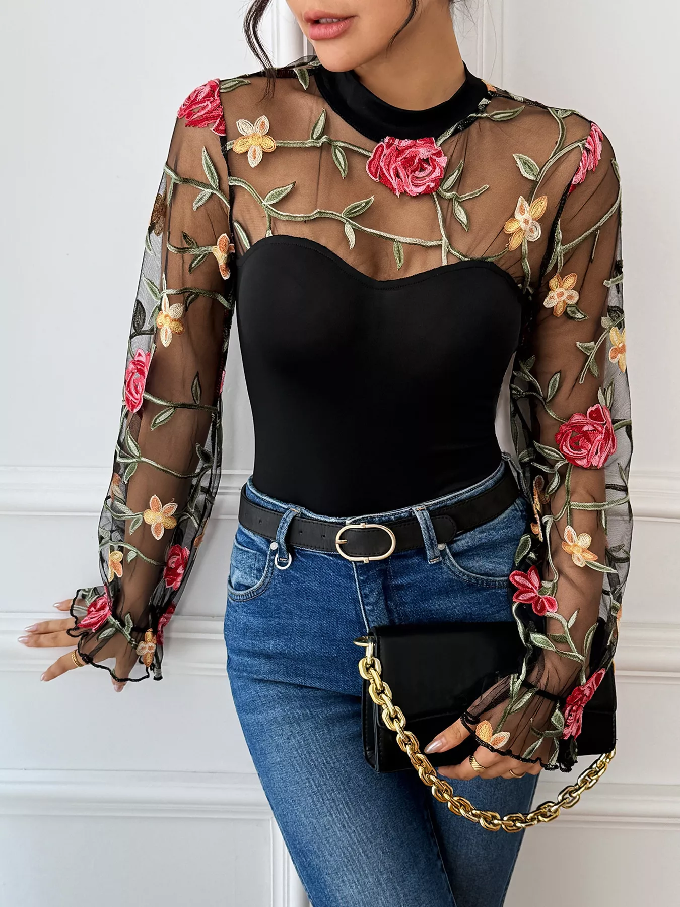 Floral Embroidered Mesh Long Sleeve Bodysuit - Image 2