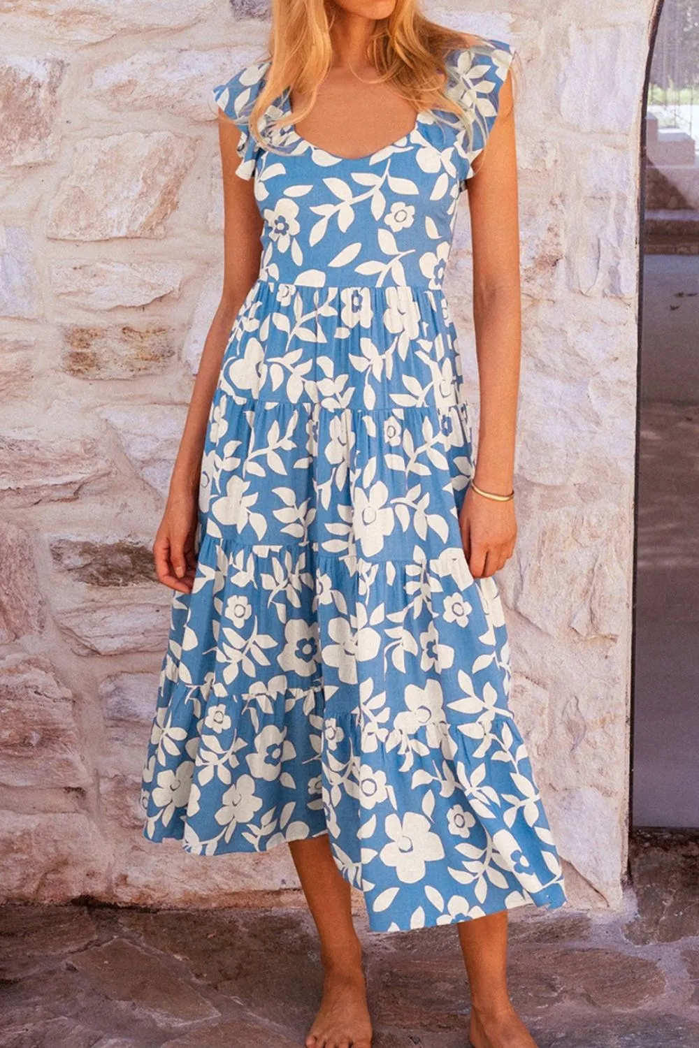 Floral Flutter Shoulder Tiered Flowy Midi Dress - Image 4