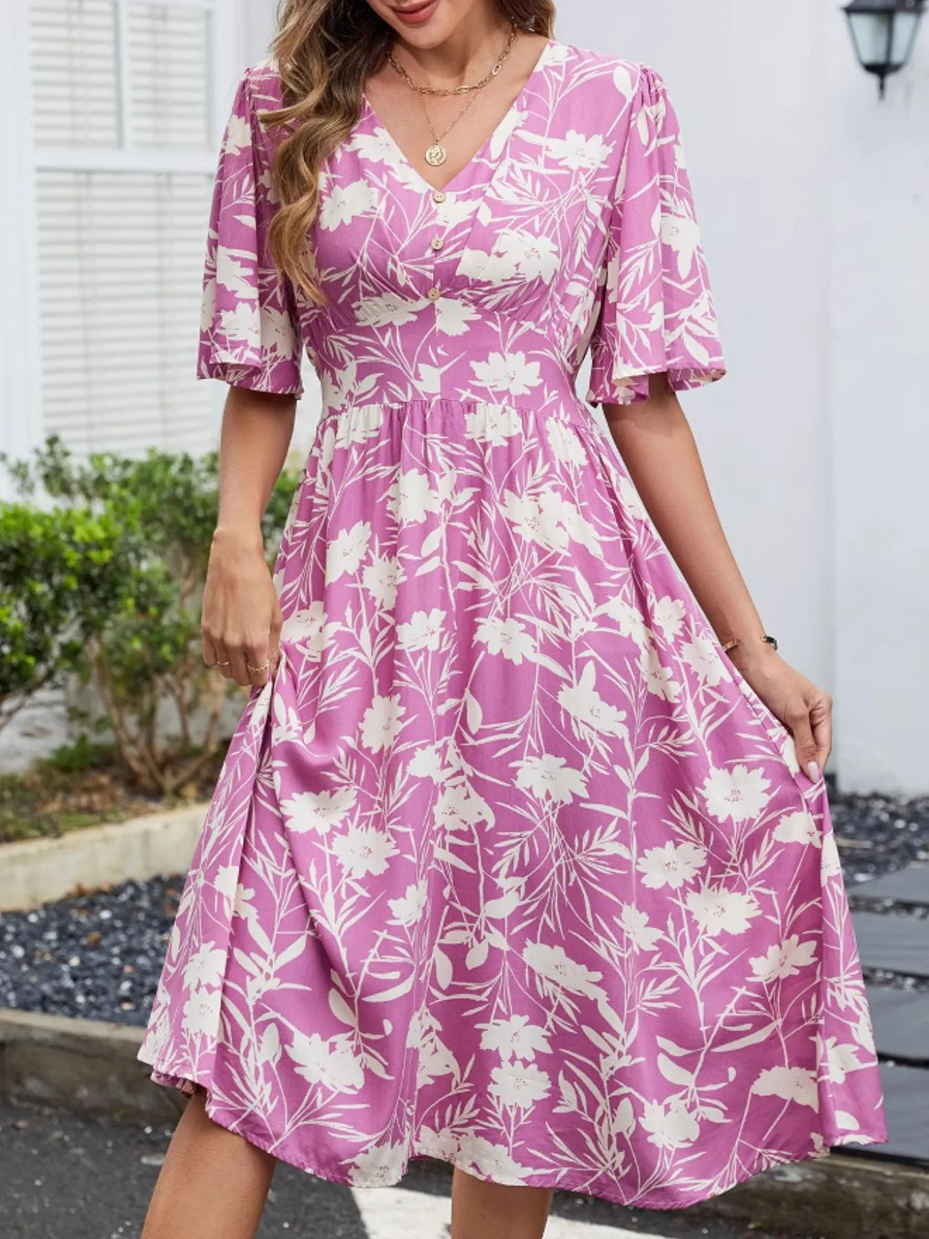 Floral Flutter Sleeve V-Neck Summer Midi Dress - Image 4