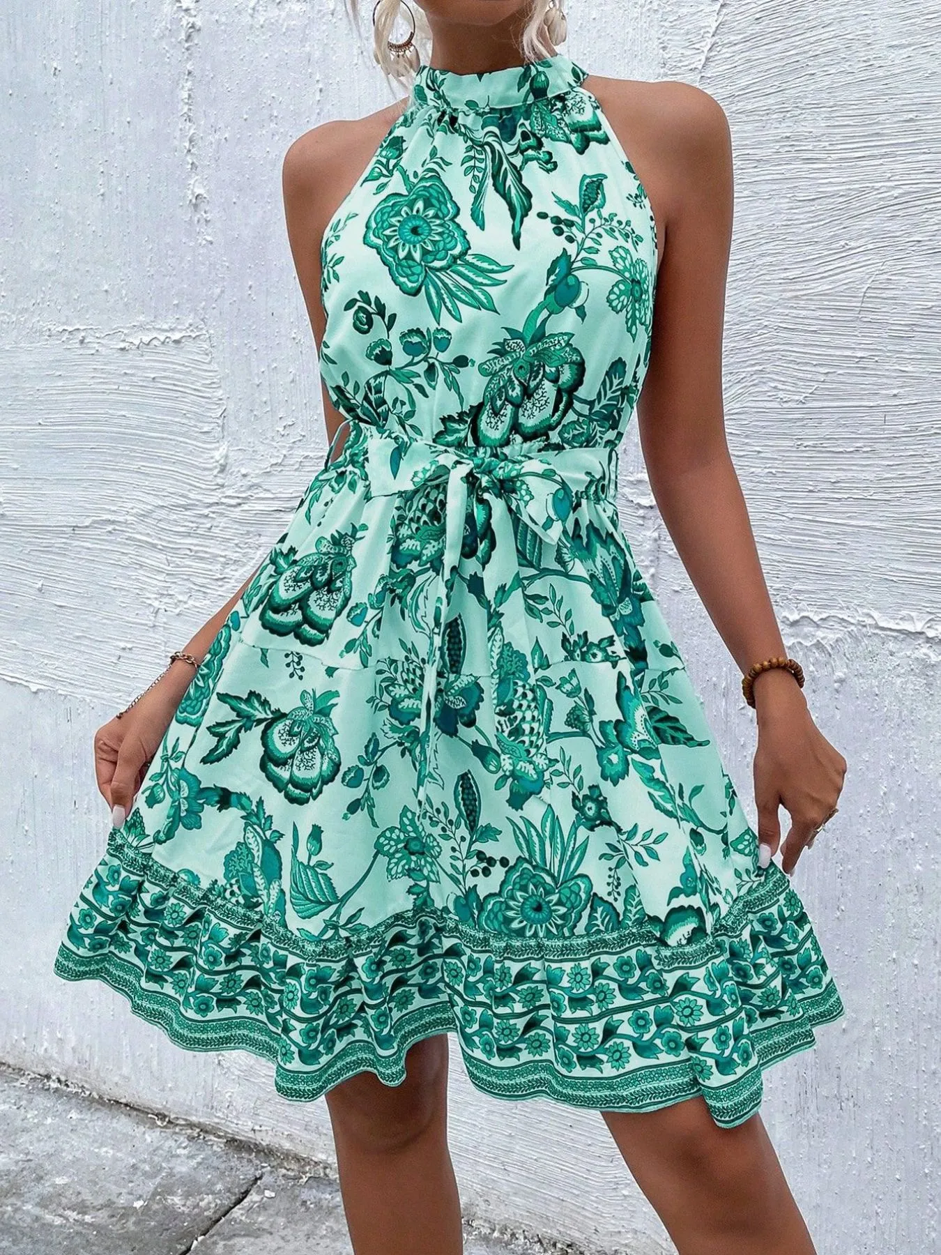 Floral Halter Neck Summer Dress with Belt - Image 10