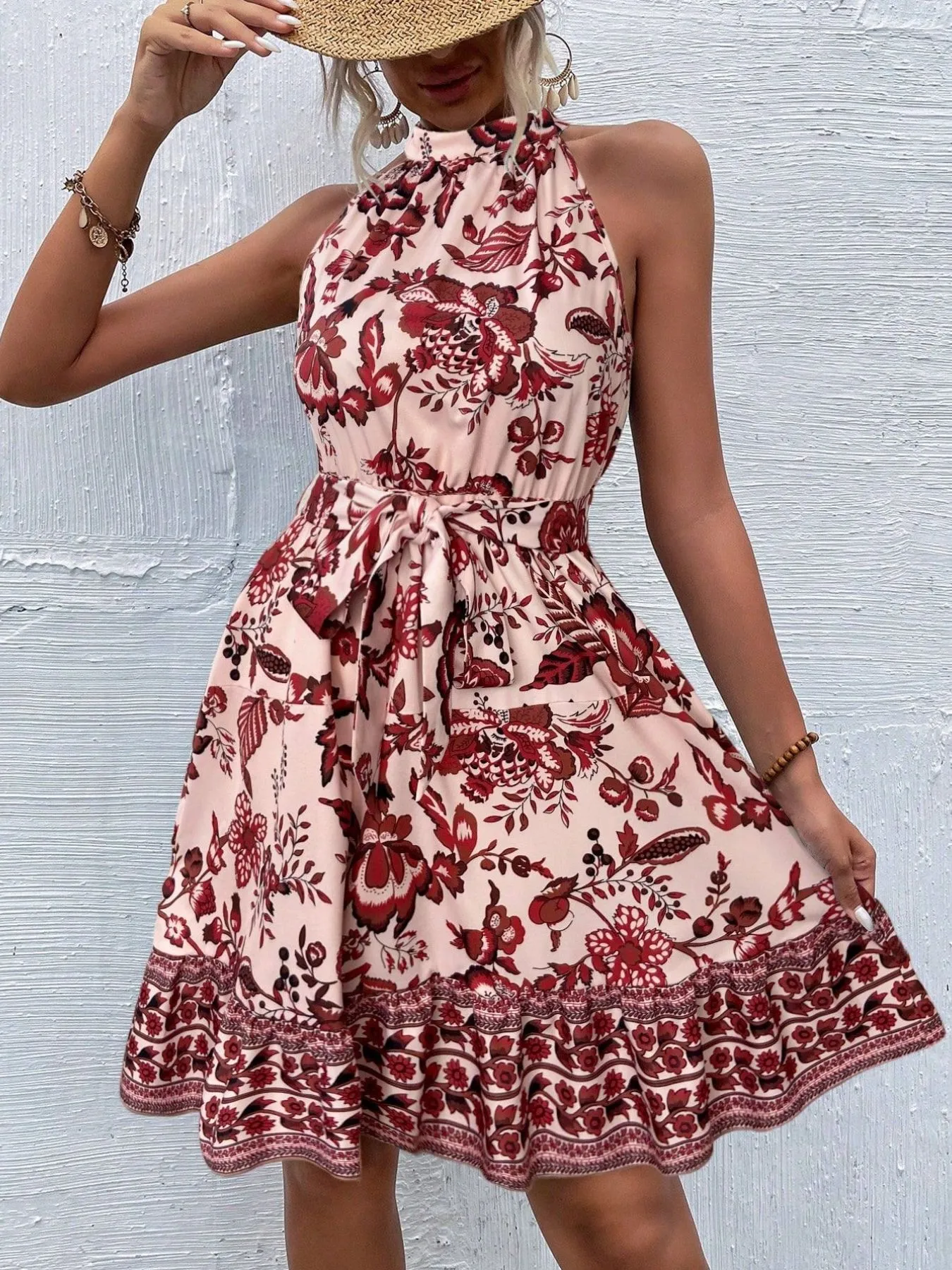 Floral Halter Neck Summer Dress with Belt - Image 5
