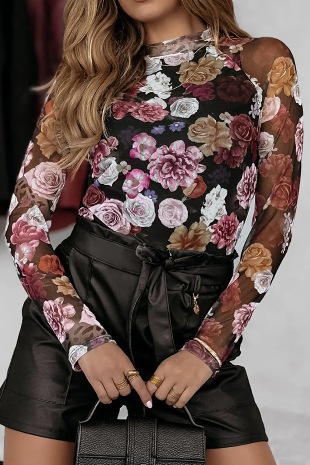 Floral Mock Neck Long Sleeve Mesh Top - Image 2