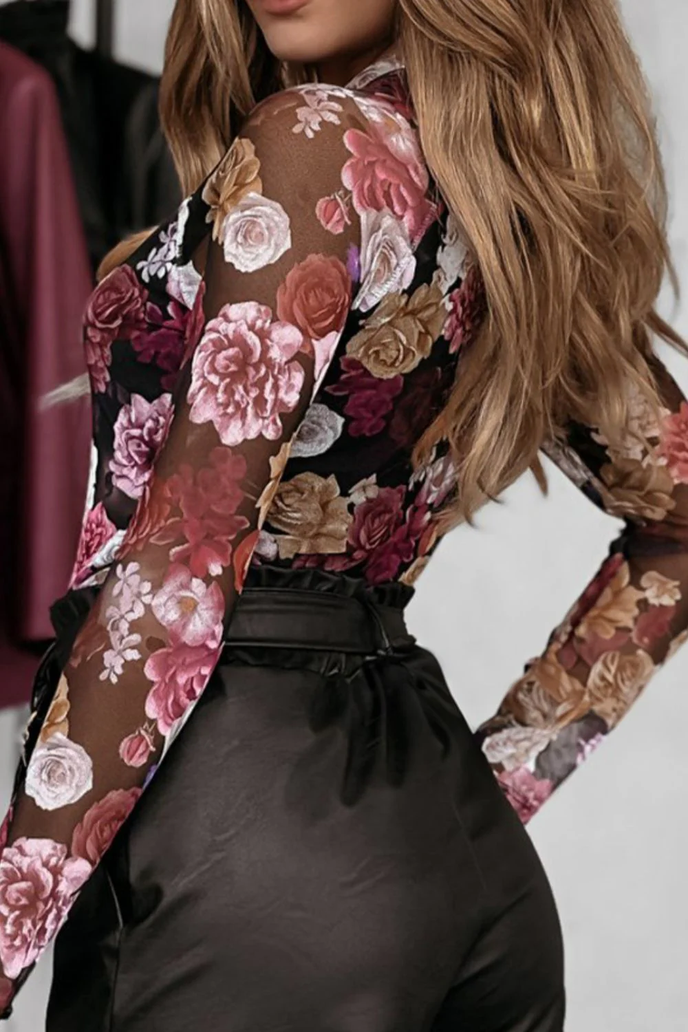 Floral Mock Neck Long Sleeve Mesh Top - Image 3