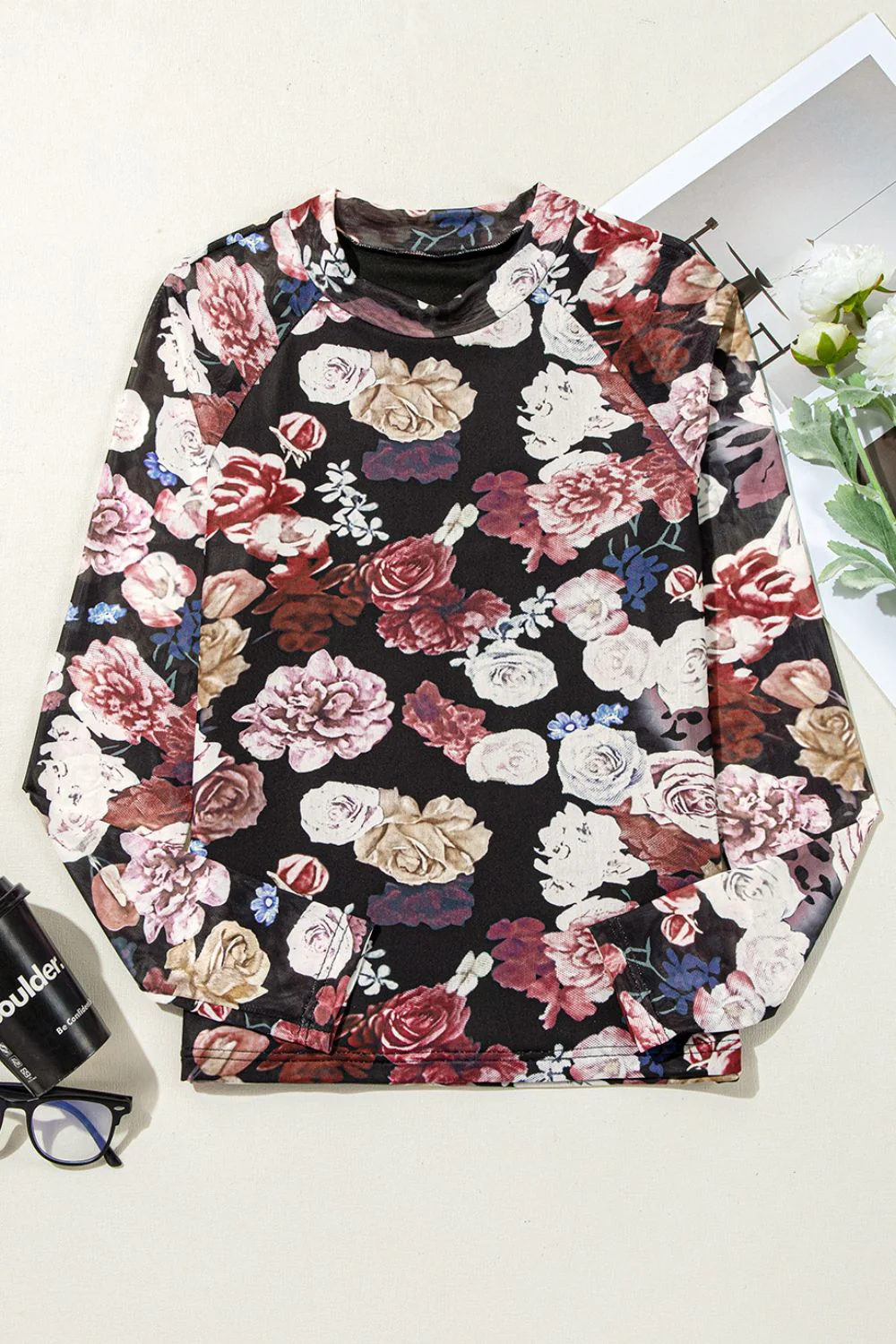 Floral Mock Neck Long Sleeve Mesh Top - Image 5