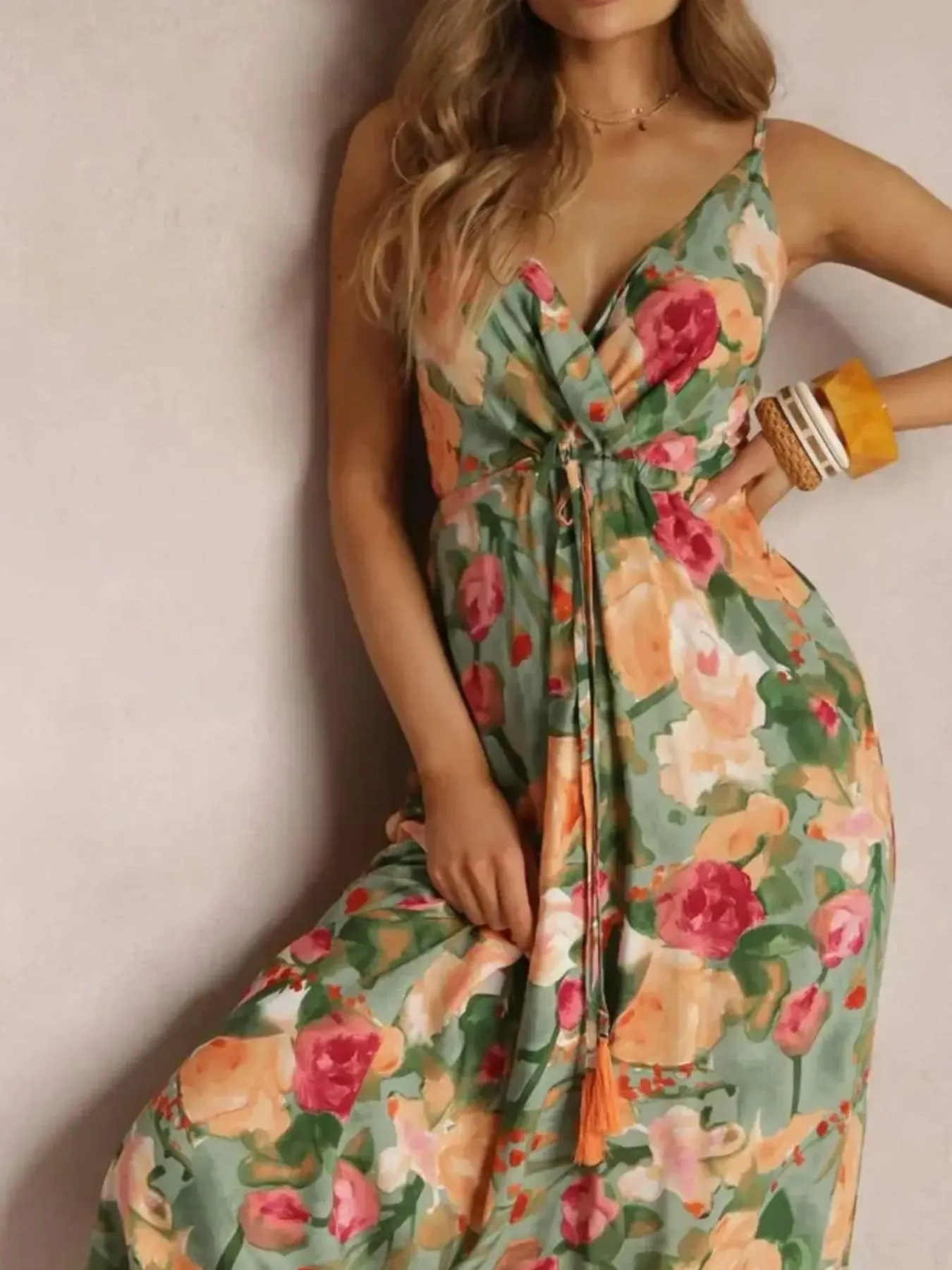 Floral Print Surplice Spaghetti Strap Maxi Dress - Image 2