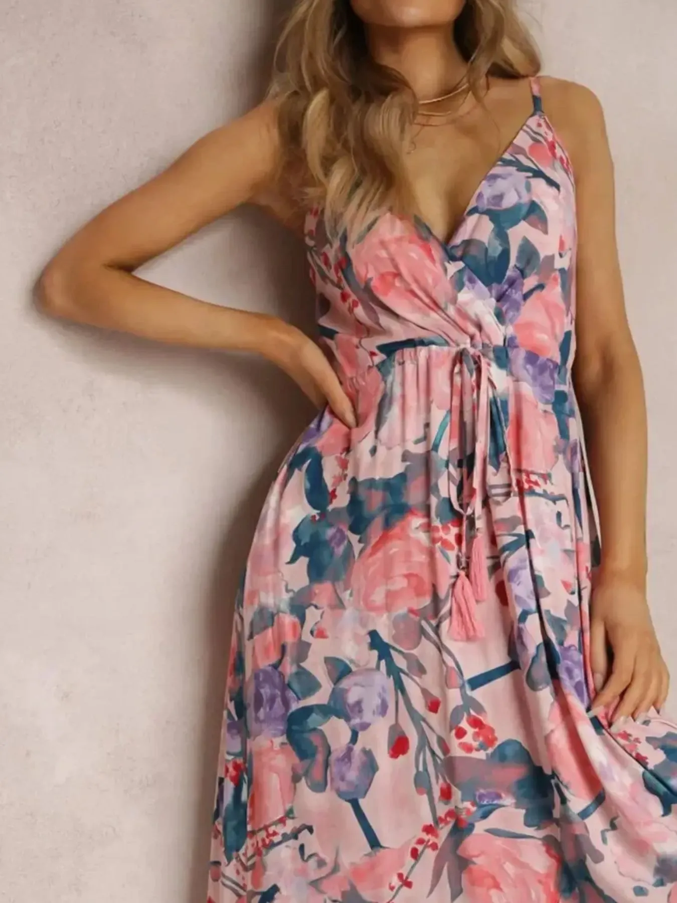 Floral Print Surplice Spaghetti Strap Maxi Dress - Image 4