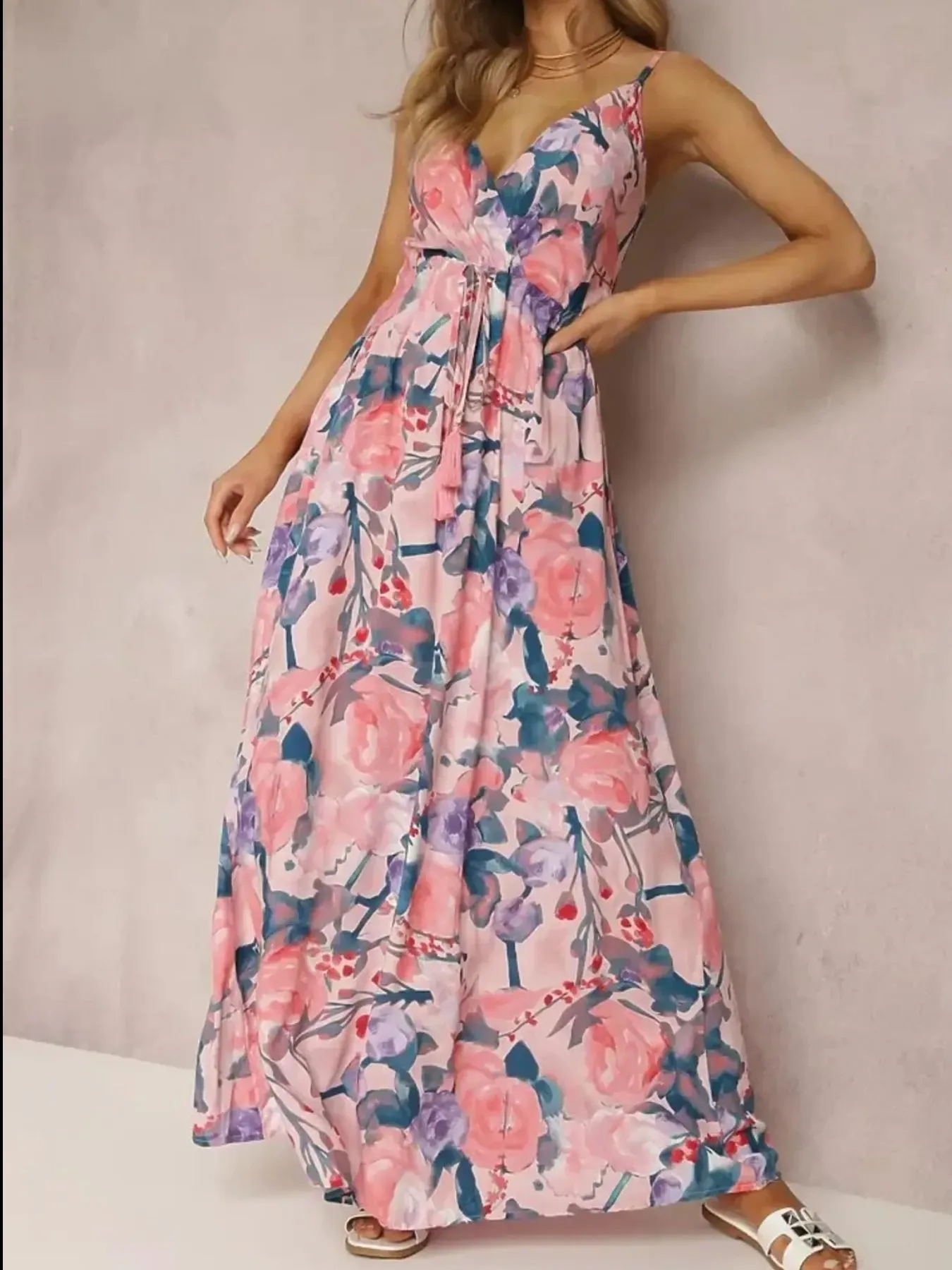 Floral Print Surplice Spaghetti Strap Maxi Dress - Image 5