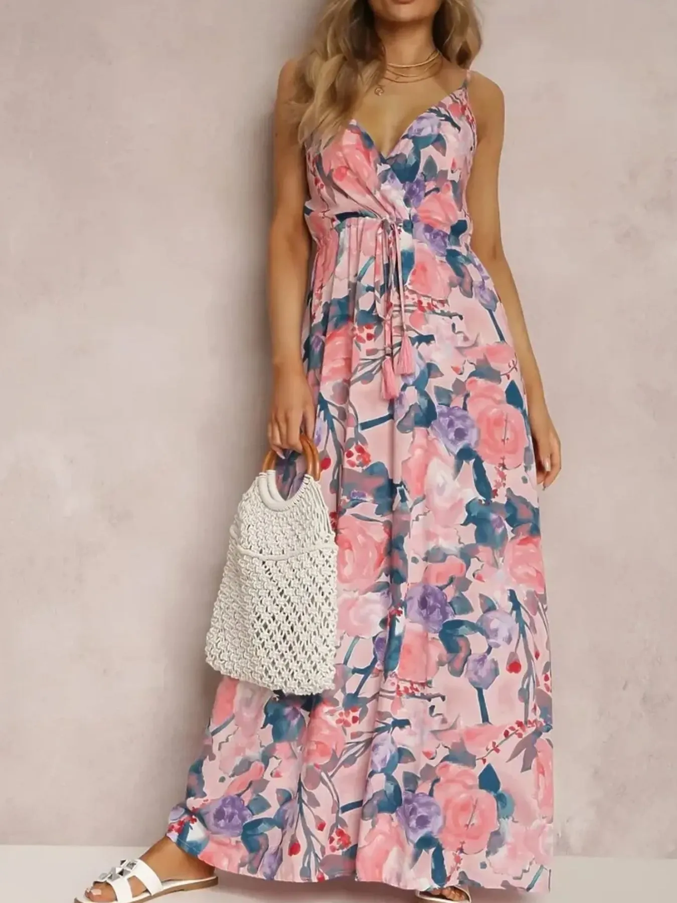 Floral Print Surplice Spaghetti Strap Maxi Dress - Image 6
