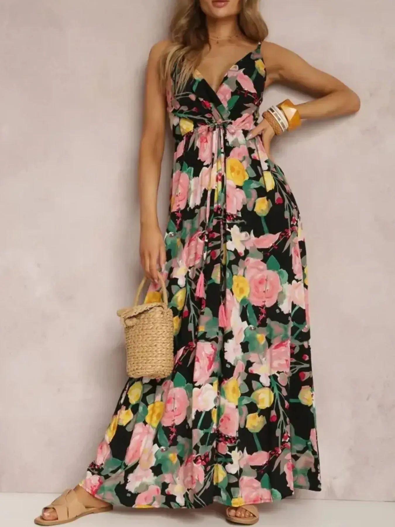 Floral Print Surplice Spaghetti Strap Maxi Dress - Image 7