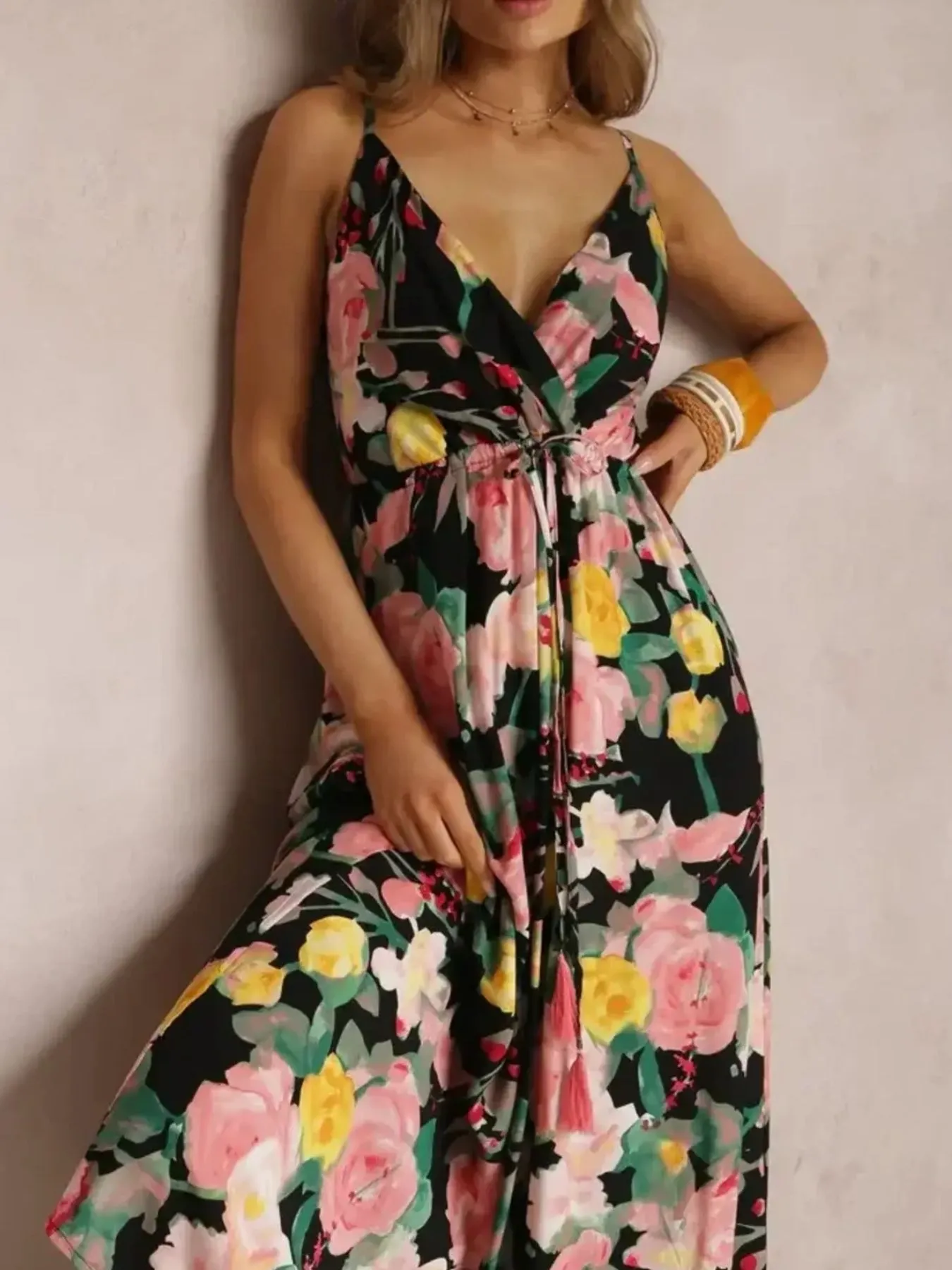 Floral Print Surplice Spaghetti Strap Maxi Dress - Image 8