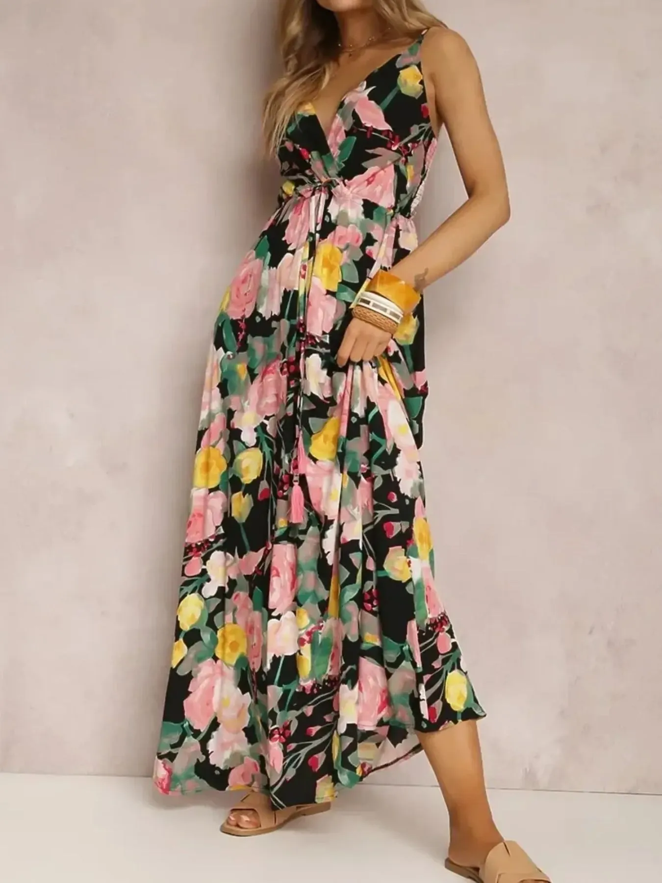 Floral Print Surplice Spaghetti Strap Maxi Dress - Image 9