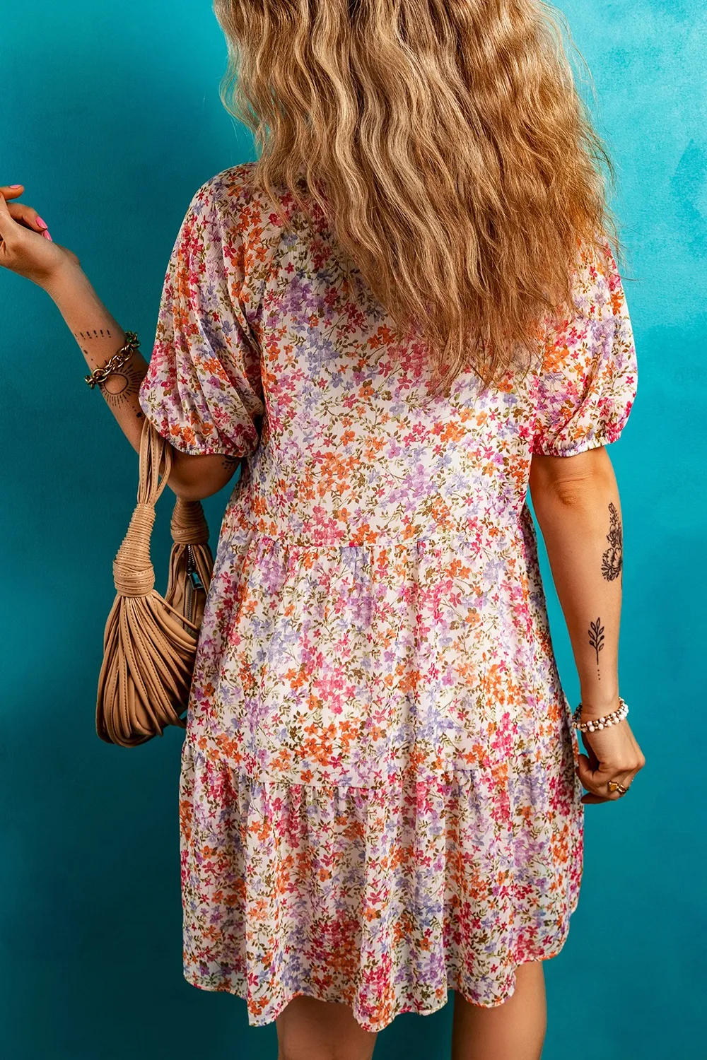 Floral Puff Sleeve Notched Tiered Mini Dress - Image 2