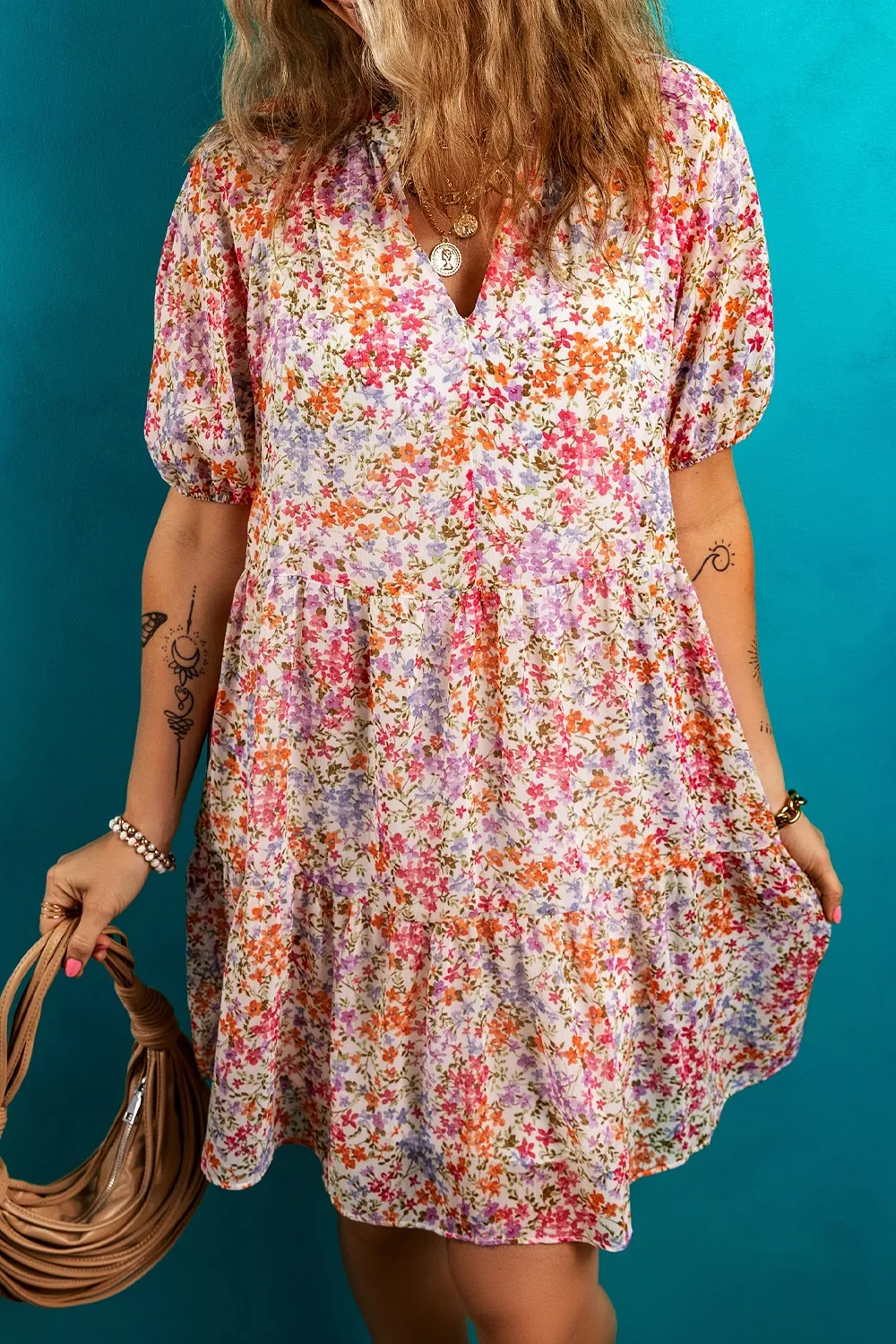 Floral Puff Sleeve Notched Tiered Mini Dress - Image 3
