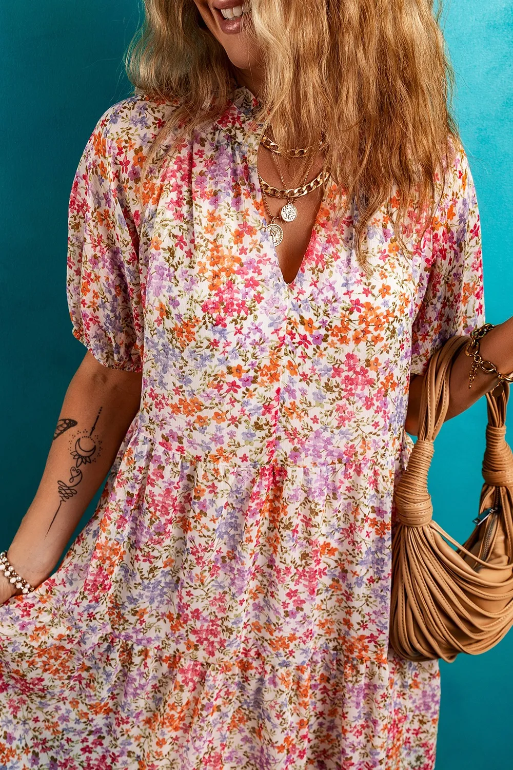 Floral Puff Sleeve Notched Tiered Mini Dress - Image 4