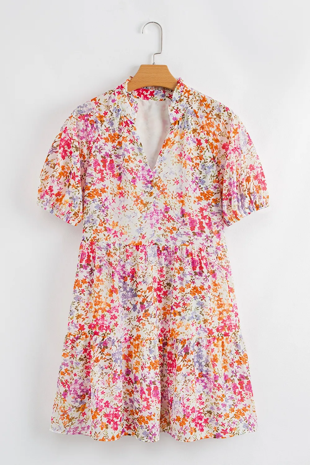 Floral Puff Sleeve Notched Tiered Mini Dress - Image 6