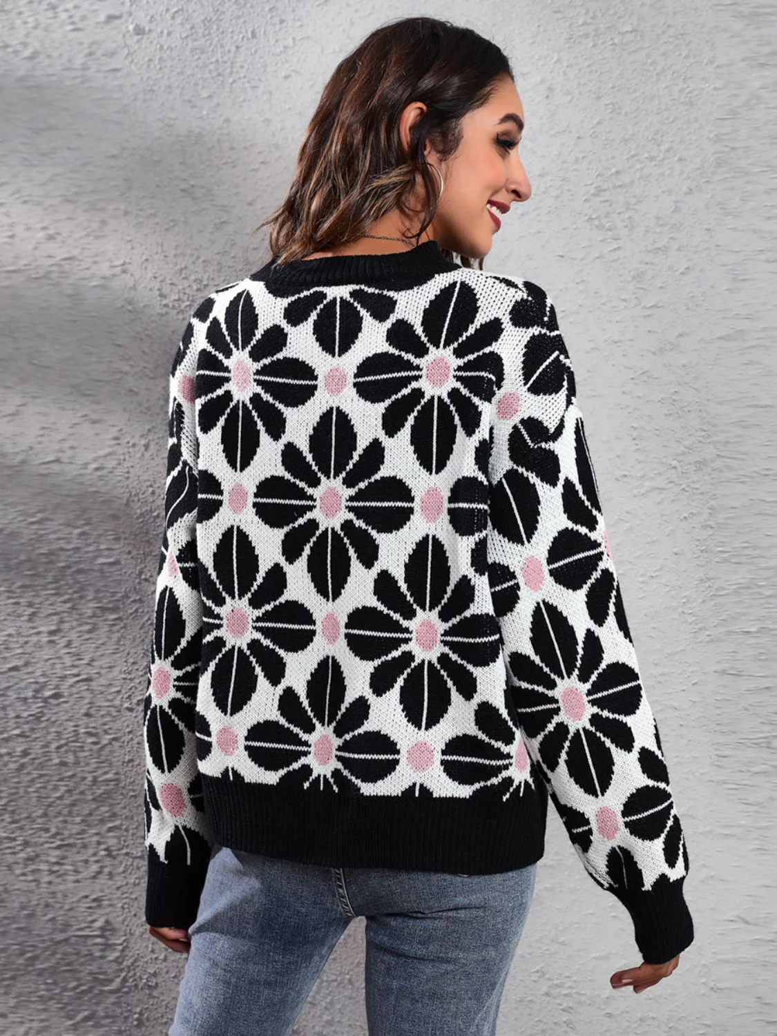 Floral Round Neck Long Sleeve Sweater - Image 2