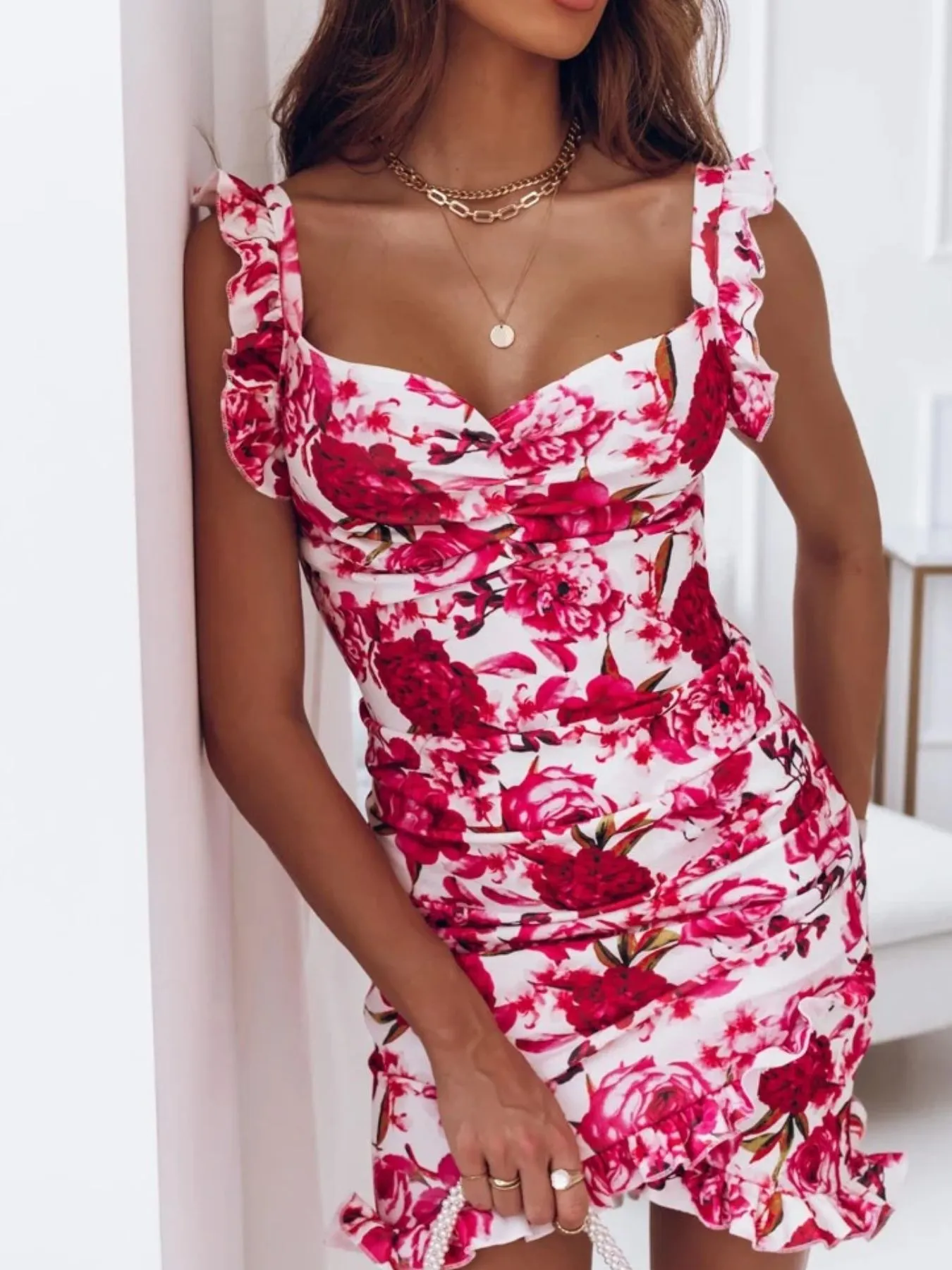 Floral Ruffle Strap Sweetheart Neck Mini Dress - Image 13