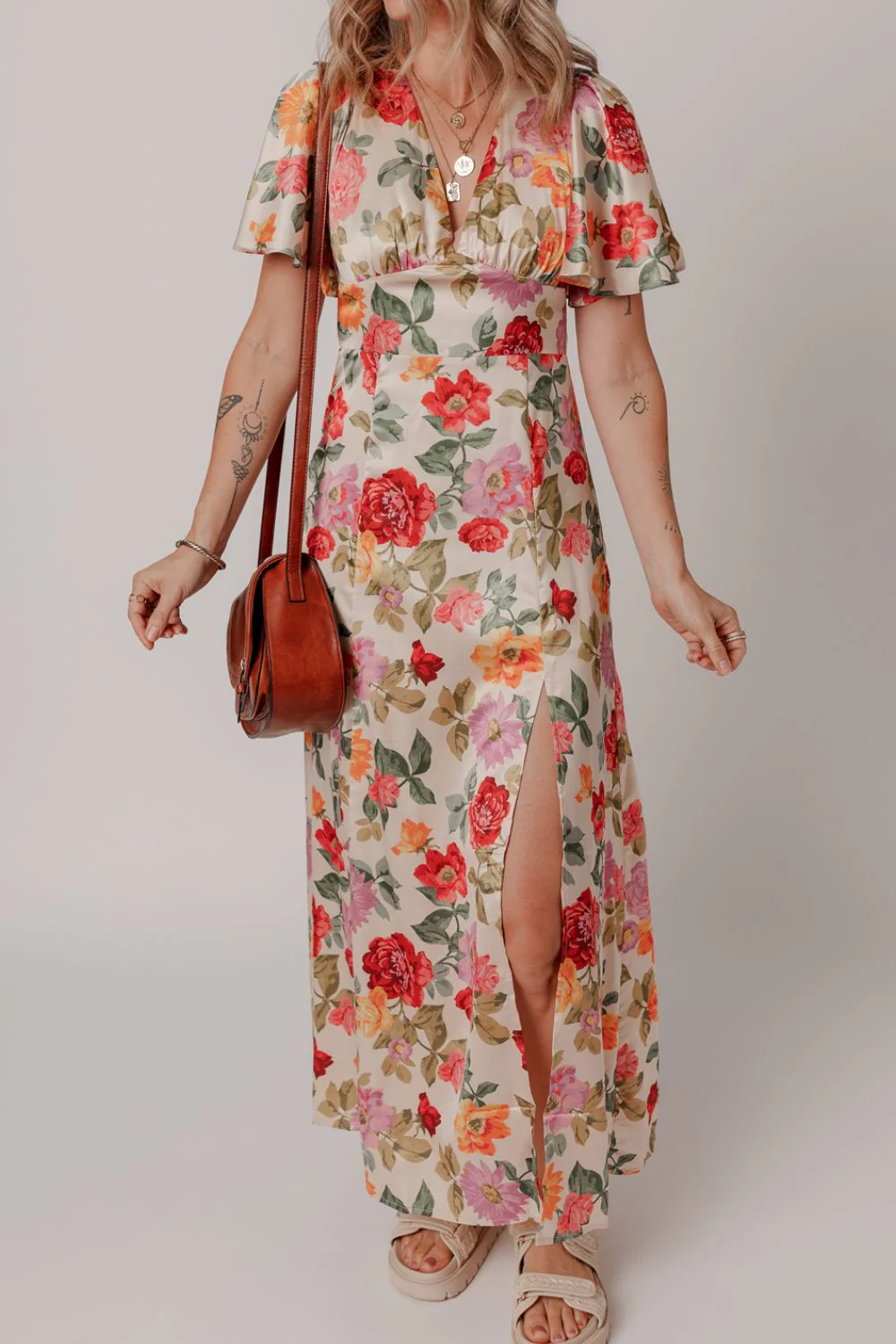 Floral Short Sleeve Tie Back Slit Dress - Image 2