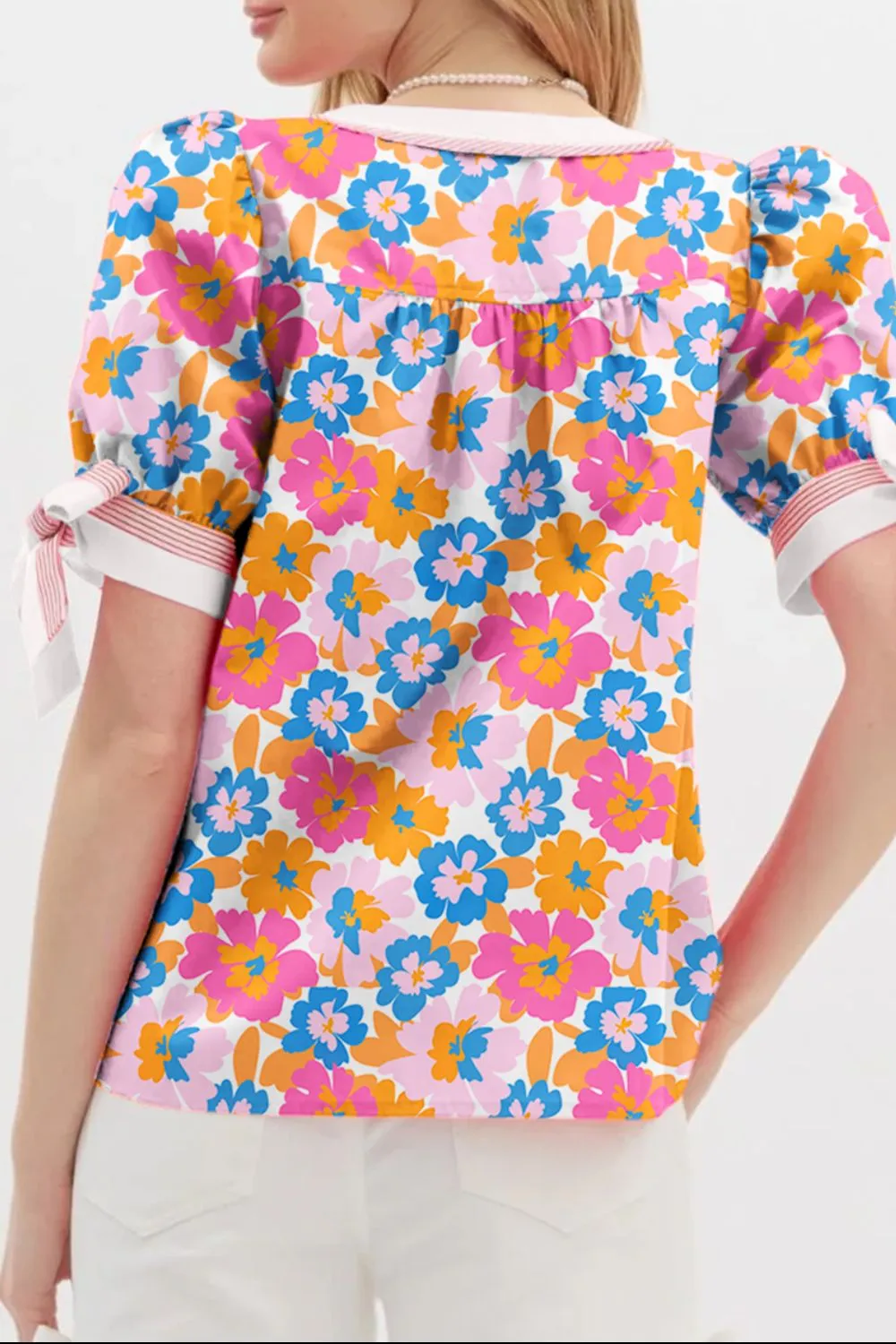 Floral Striped Edge V Neck Knotted Short Sleeve Blouse - Image 3
