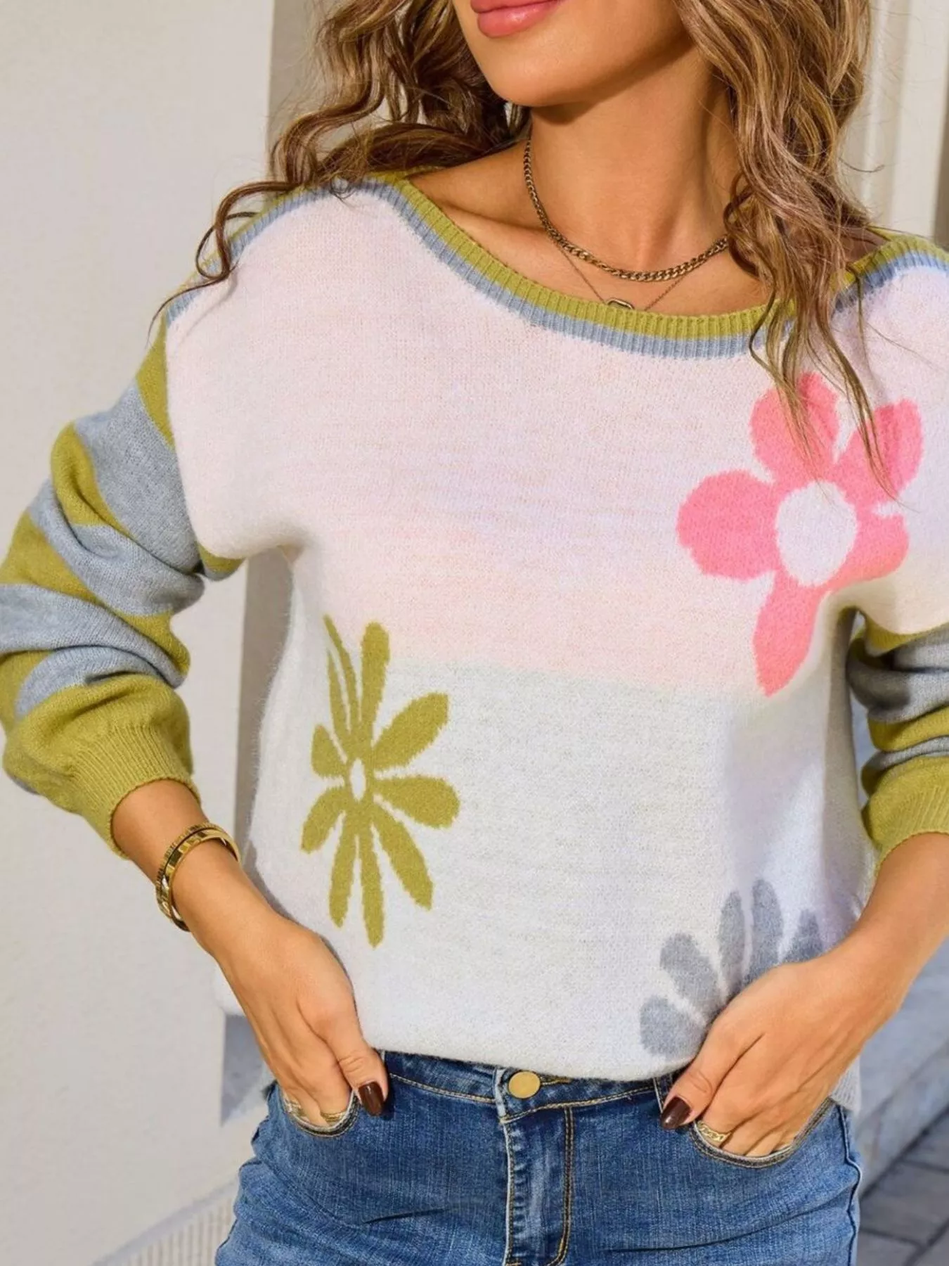 Floral Striped Sleeve Round Neck Sweater - Image 16