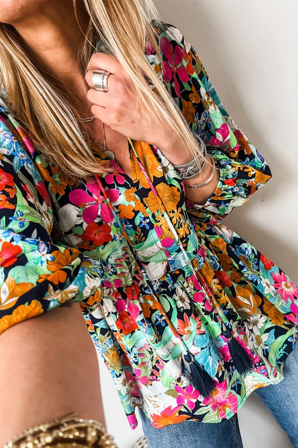 Floral Tie Neck Balloon Sleeve Blouse - Image 3