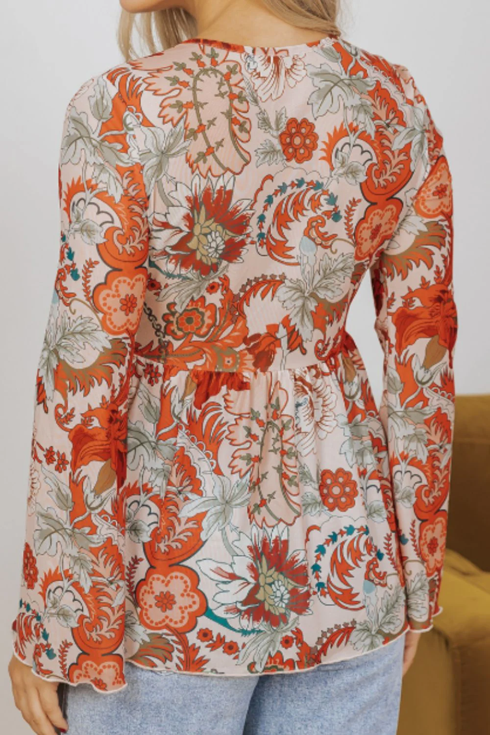 Floral V-Neck Flare Sleeve Blouse - Image 4