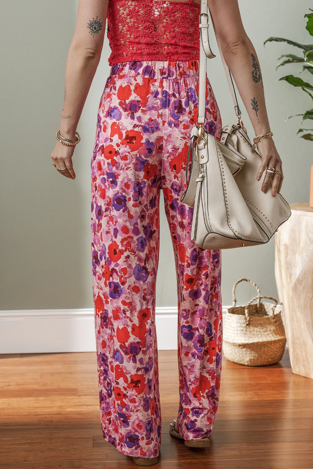Floral Wide Leg Elastic High Waist Pants - Image 2